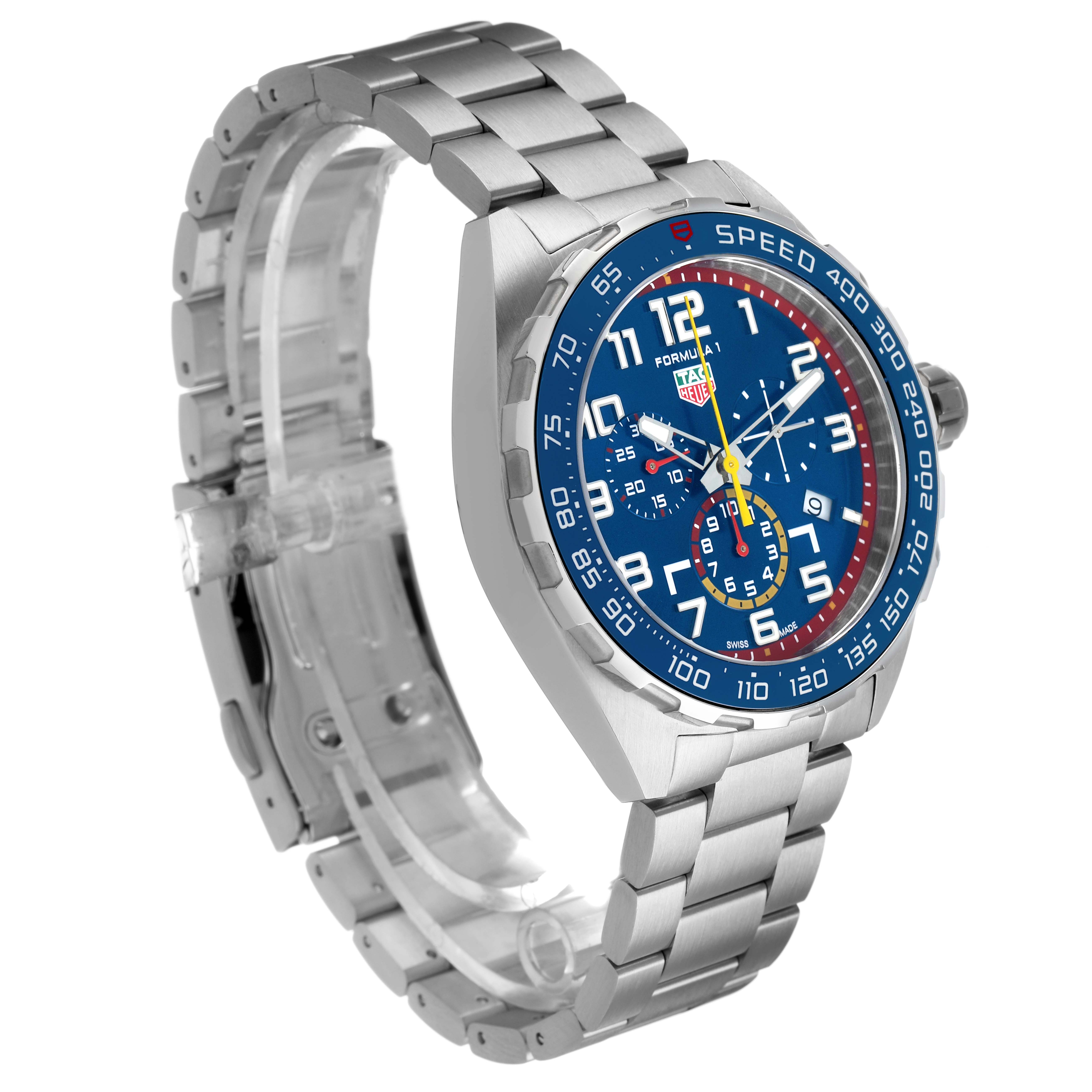 The Tag Heuer Formula 1 CAZ101AL.BA0842 Men's Stainless Steel Blue Dial watch is shown at an angled view, highlighting the face, bezel, crown, and stainless steel bracelet.
