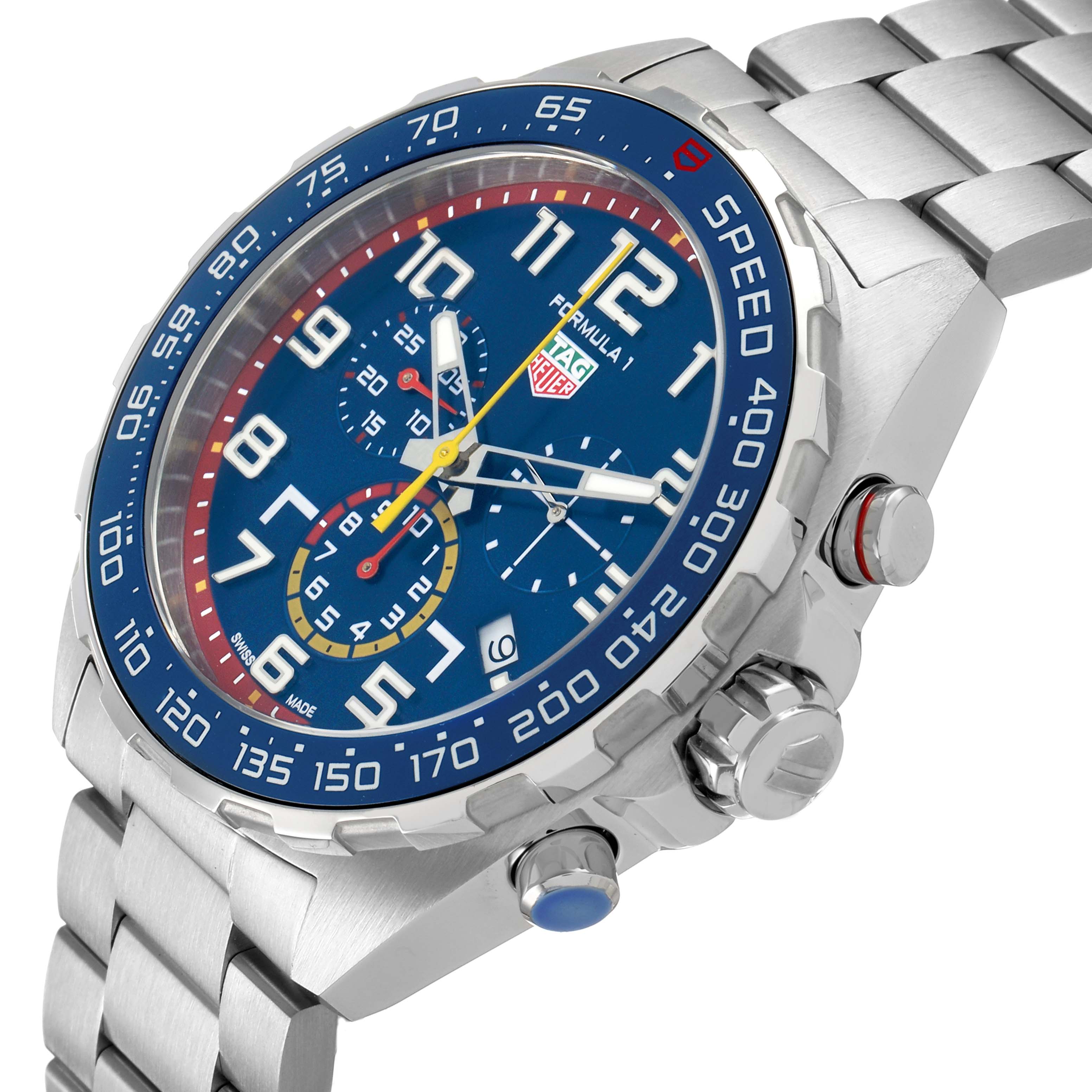 The Tag Heuer Formula 1 CAZ101AL.BA0842 Men's Stainless Steel Blue Dial watch is shown at a three-quarter angle, highlighting the dial, bezel, and bracelet.