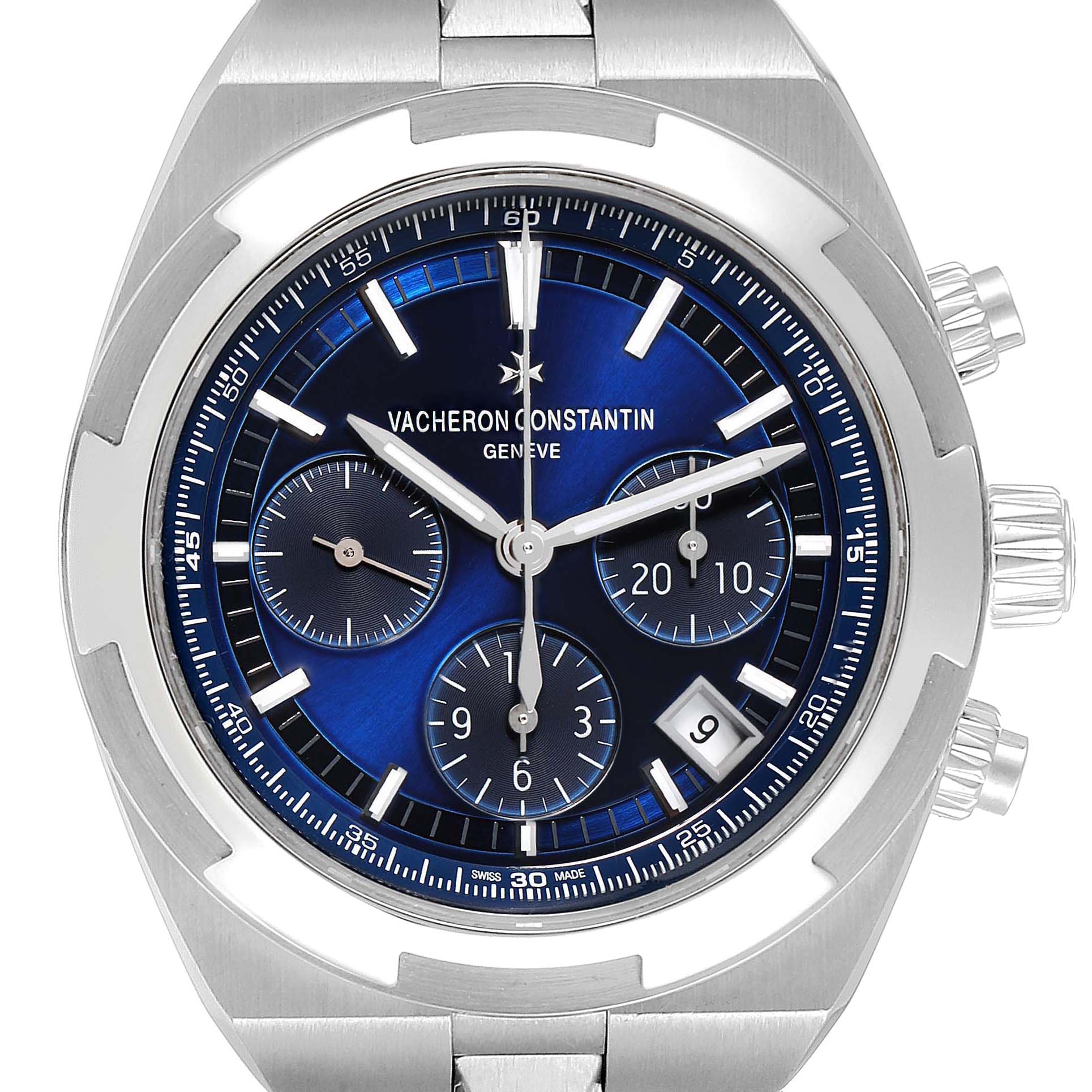 The image shows a close-up of the Vacheron Constantin Overseas 5500V/110A-B148 Men's Stainless Steel Blue Dial 5500V/110A-B148 Men's Stainless Steel Blue Dial watch face, including its chronograph sub-dials and date window.