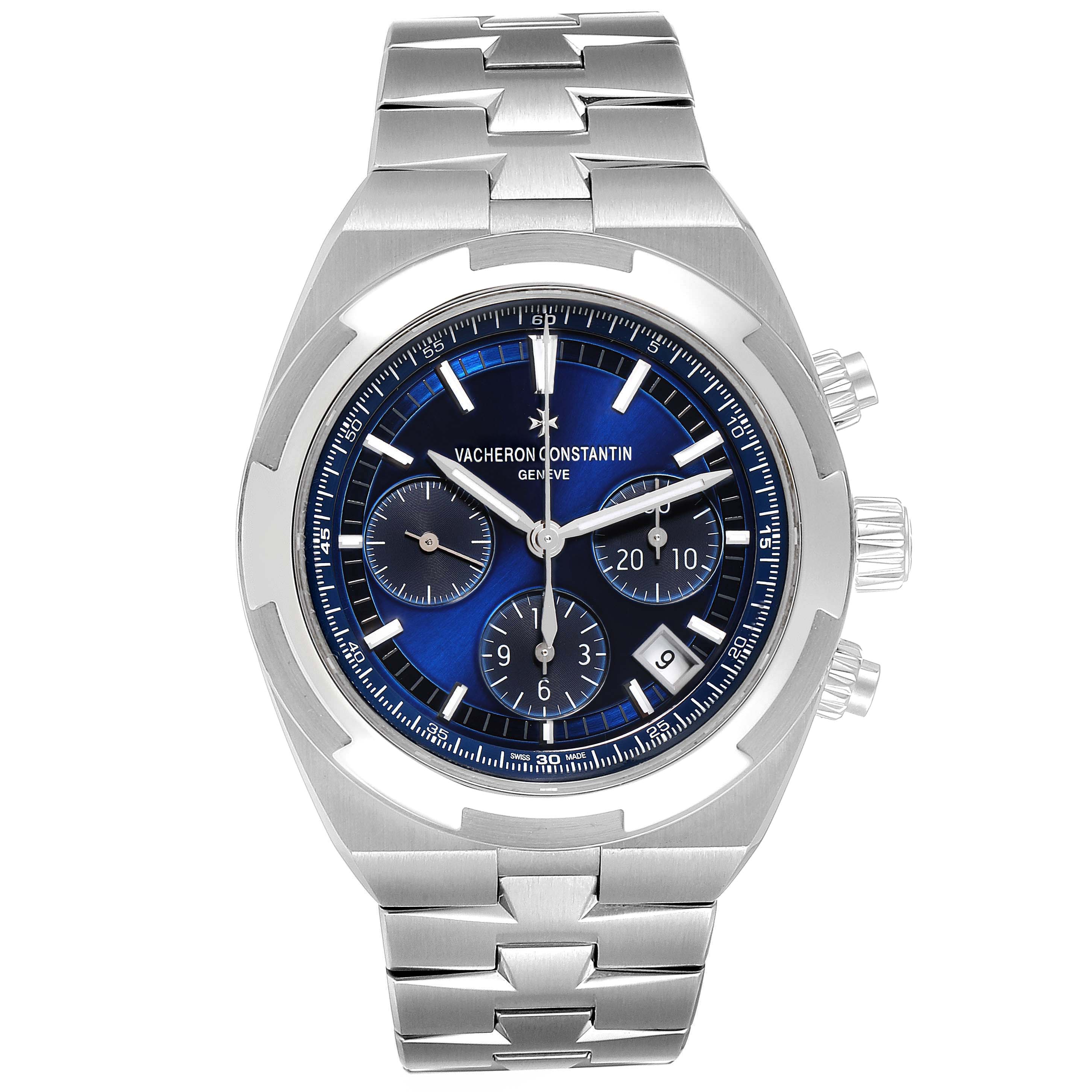 The image shows a front view of a Vacheron Constantin Overseas 5500V/110A-B148 Men's Stainless Steel Blue Dial 5500V/110A-B148 Men's Stainless Steel Blue Dial model watch, displaying its blue dial, chronograph subdials, and silver bracelet.