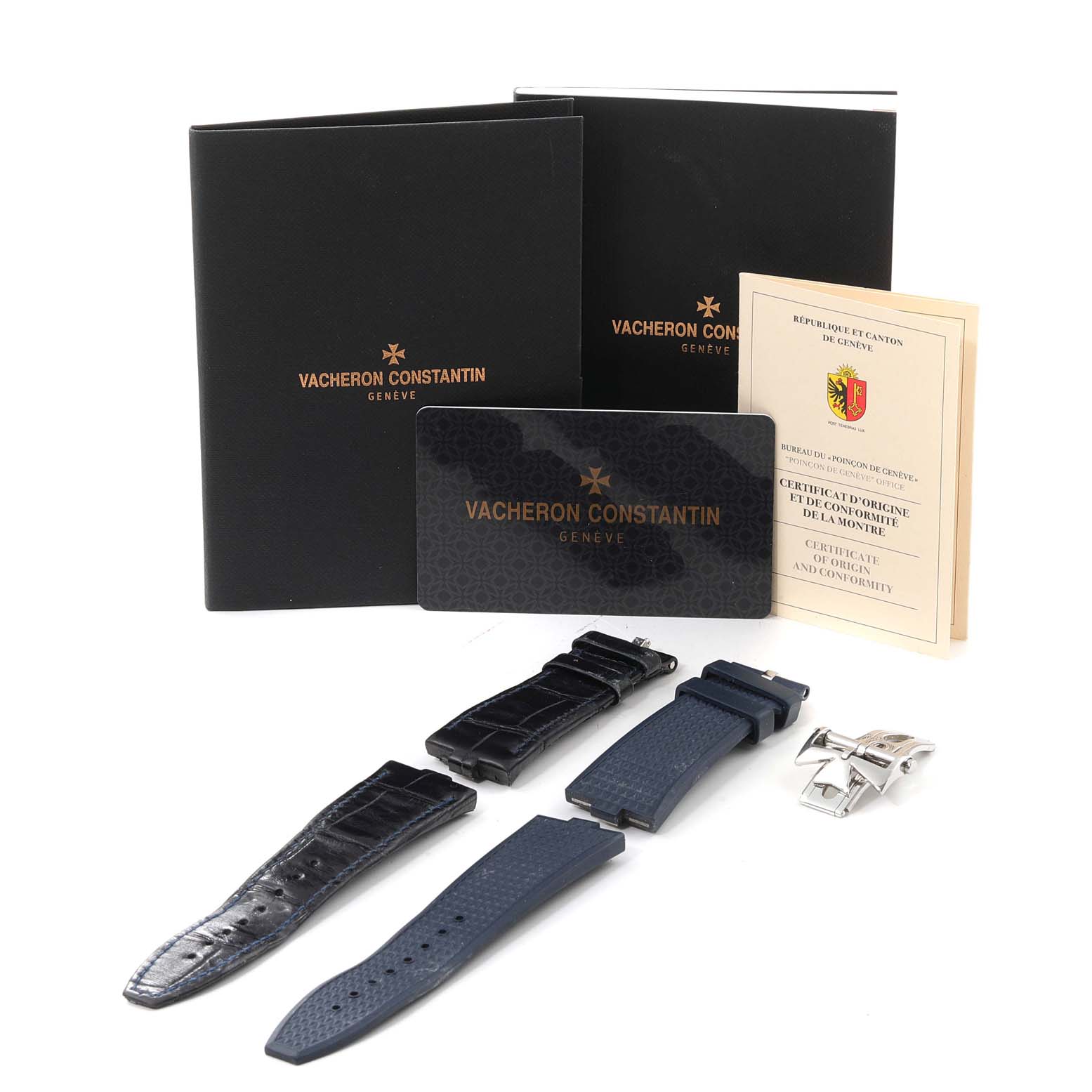 The image shows accessory parts for the Vacheron Constantin Overseas 5500V/110A-B148 Men's Stainless Steel Blue Dial 5500V/110A-B148 Men's Stainless Steel Blue Dial model, including watch straps, a clasp, and accompanying documentation.