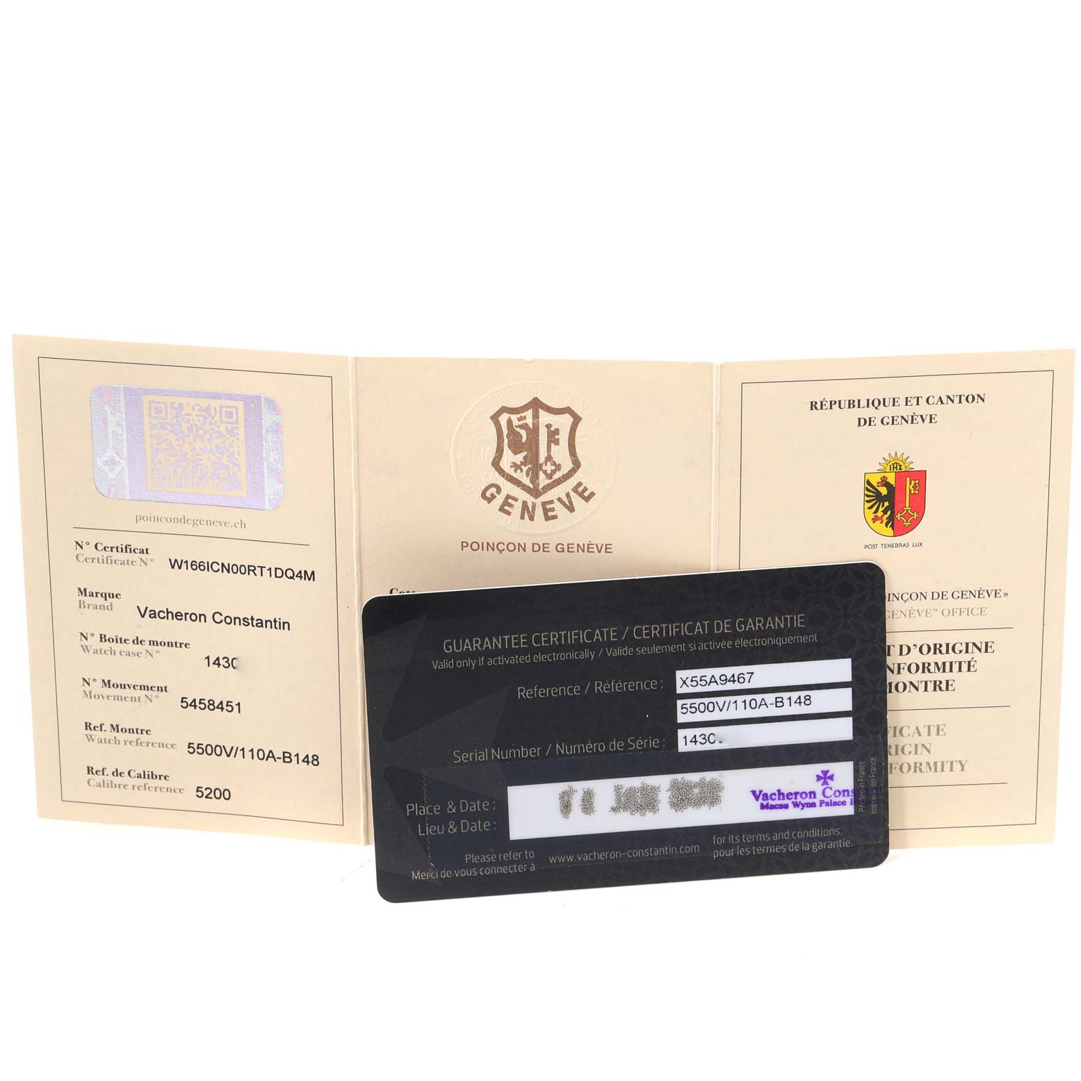 The image shows the warranty card and certification documents for the Vacheron Constantin Overseas 5500V/110A-B148 Men's Stainless Steel Blue Dial 5500V/110A-B148 Men's Stainless Steel Blue Dial model.