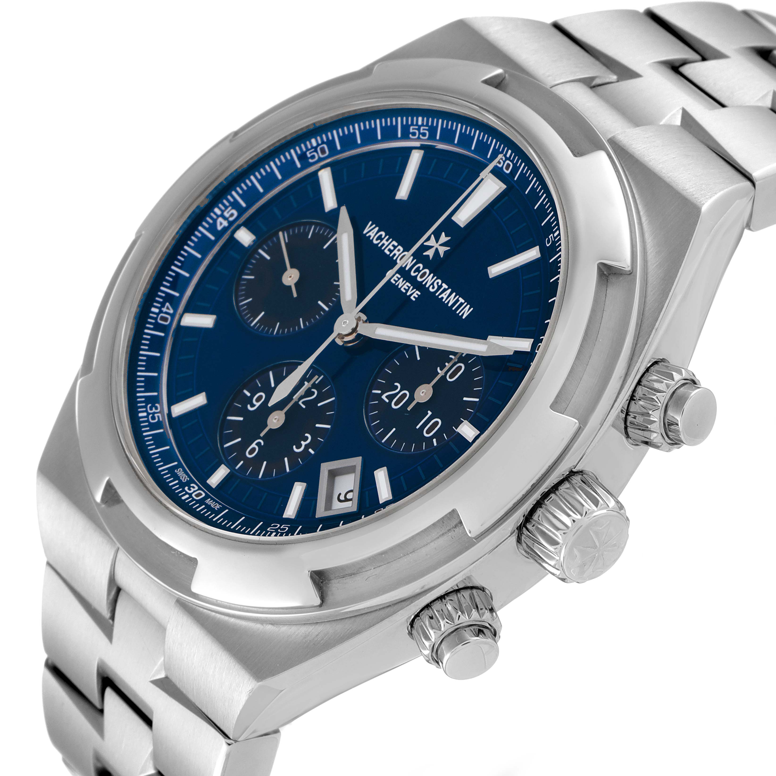 The image shows a close-up, angled view of the Vacheron Constantin Overseas 5500V/110A-B148 Men's Stainless Steel Blue Dial 5500V/110A-B148 Men's Stainless Steel Blue Dial watch, highlighting the dial, chronograph subdials, and crown.