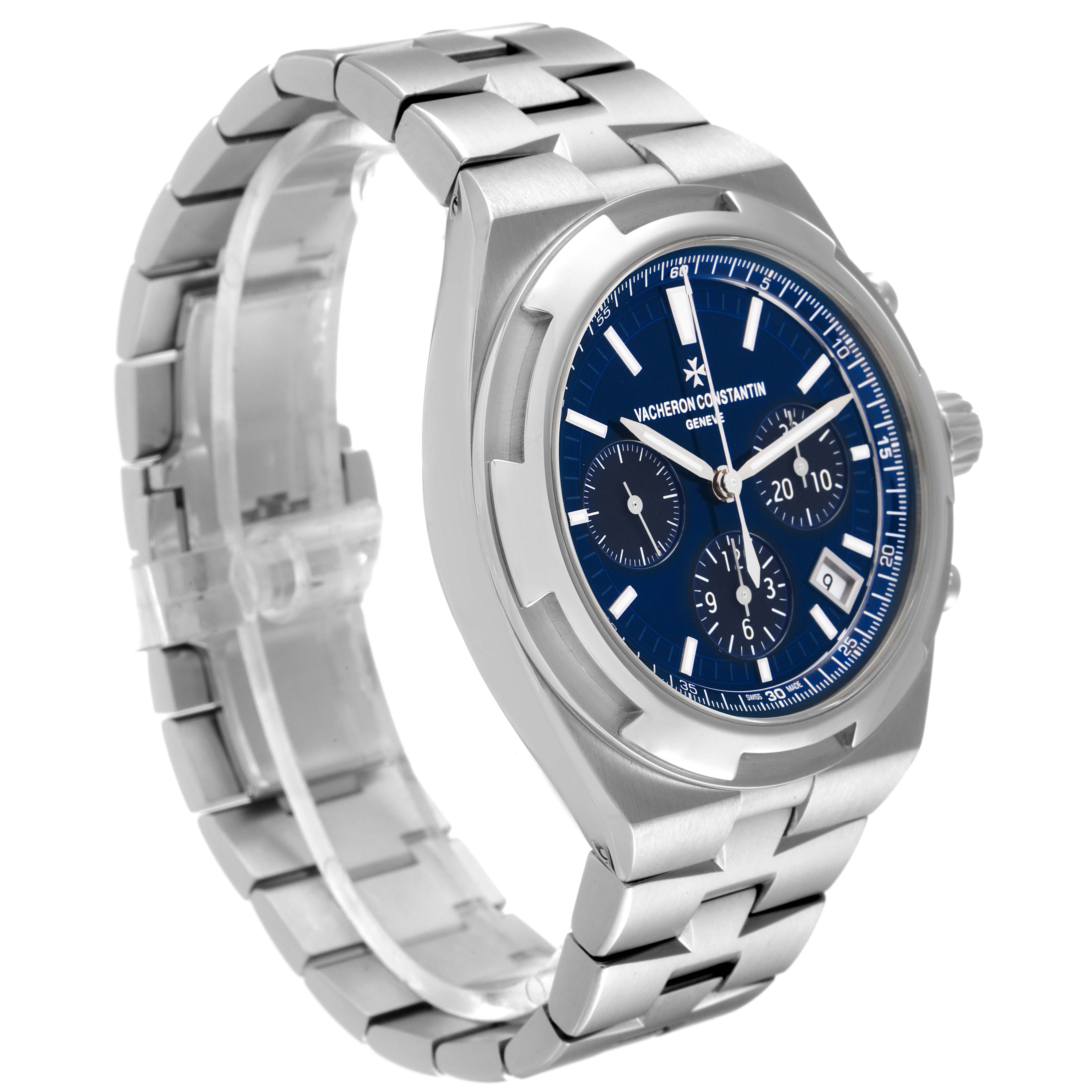 The image shows an angled view of a Vacheron Constantin Overseas 5500V/110A-B148 Men's Stainless Steel Blue Dial 5500V/110A-B148 Men's Stainless Steel Blue Dial model watch, highlighting its blue dial, chronograph, and metal bracelet.