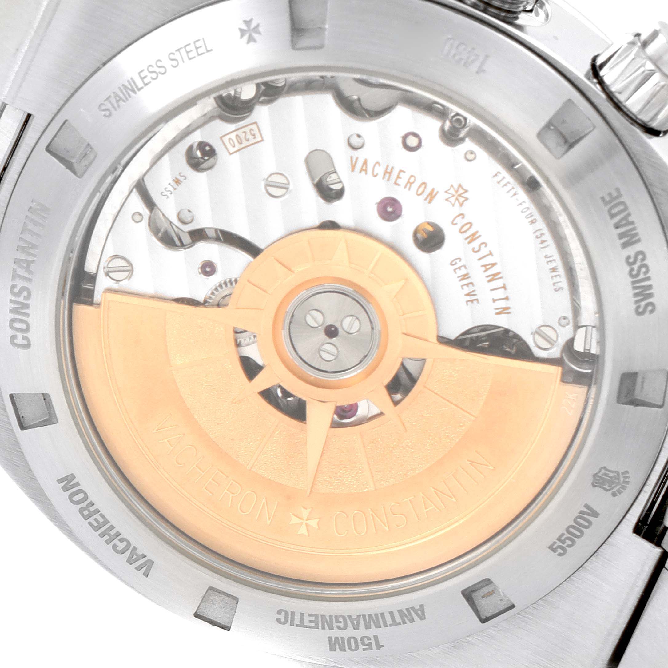 The image shows Vacheron Constantin Overseas 5500V/110A-B148 Men's Stainless Steel Blue Dial 5500V/110A-B148 Men's Stainless Steel Blue Dial model's case back, highlighting its movement and rotor.