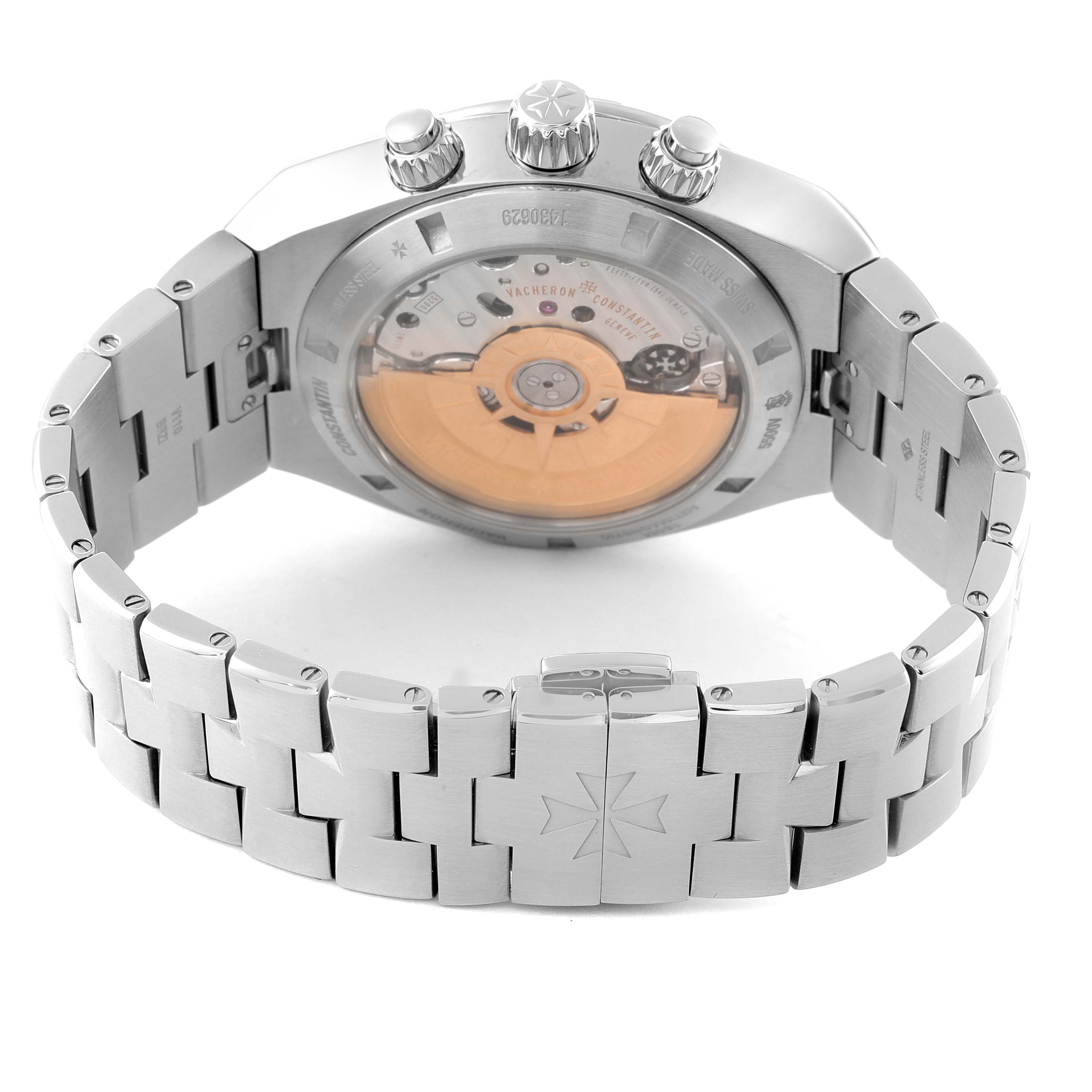 This image shows the rear view of the Vacheron Constantin Overseas 5500V/110A-B148 Men's Stainless Steel Blue Dial 5500V/110A-B148 Men's Stainless Steel Blue Dial model, highlighting its metallic bracelet and transparent case back.