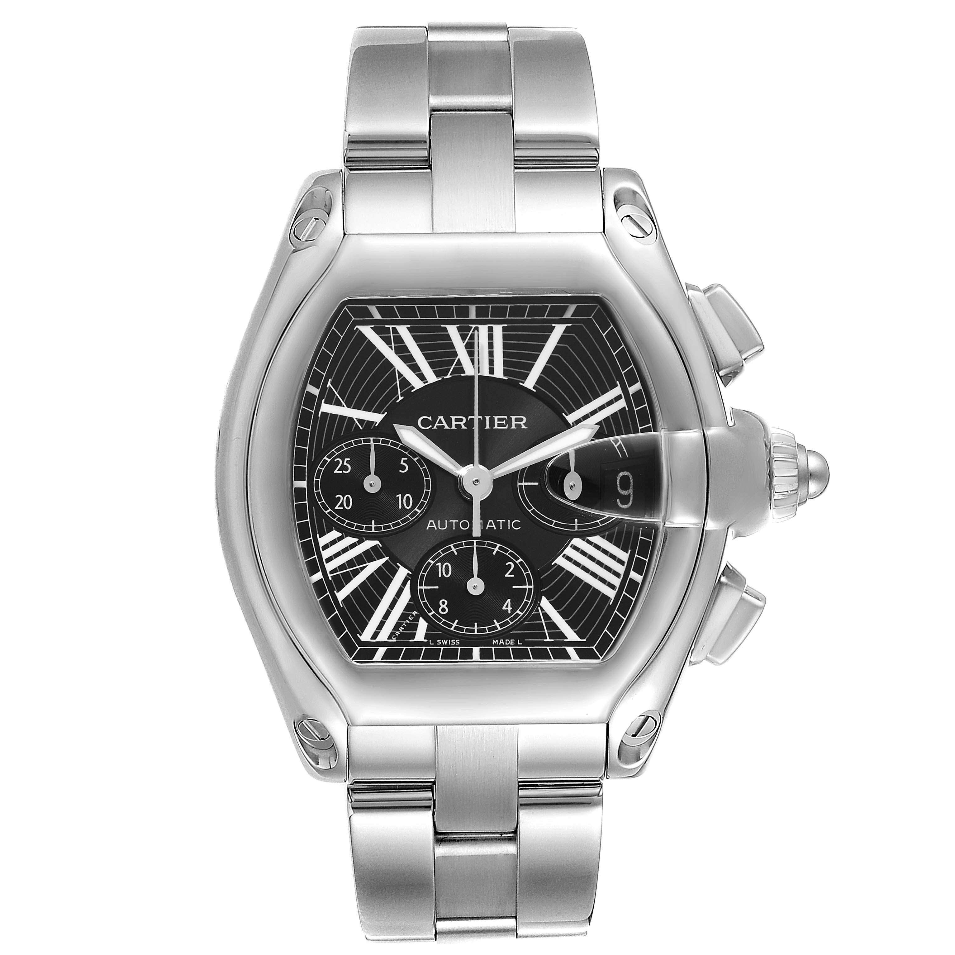 This Cartier Roadster W62020X6 Men
s Stainless Steel Black Dial W62020X6 Men
s Stainless Steel Black Dial watch is shown from a front angle, displaying its bracelet, case, and dial with Roman numerals and three subdials.