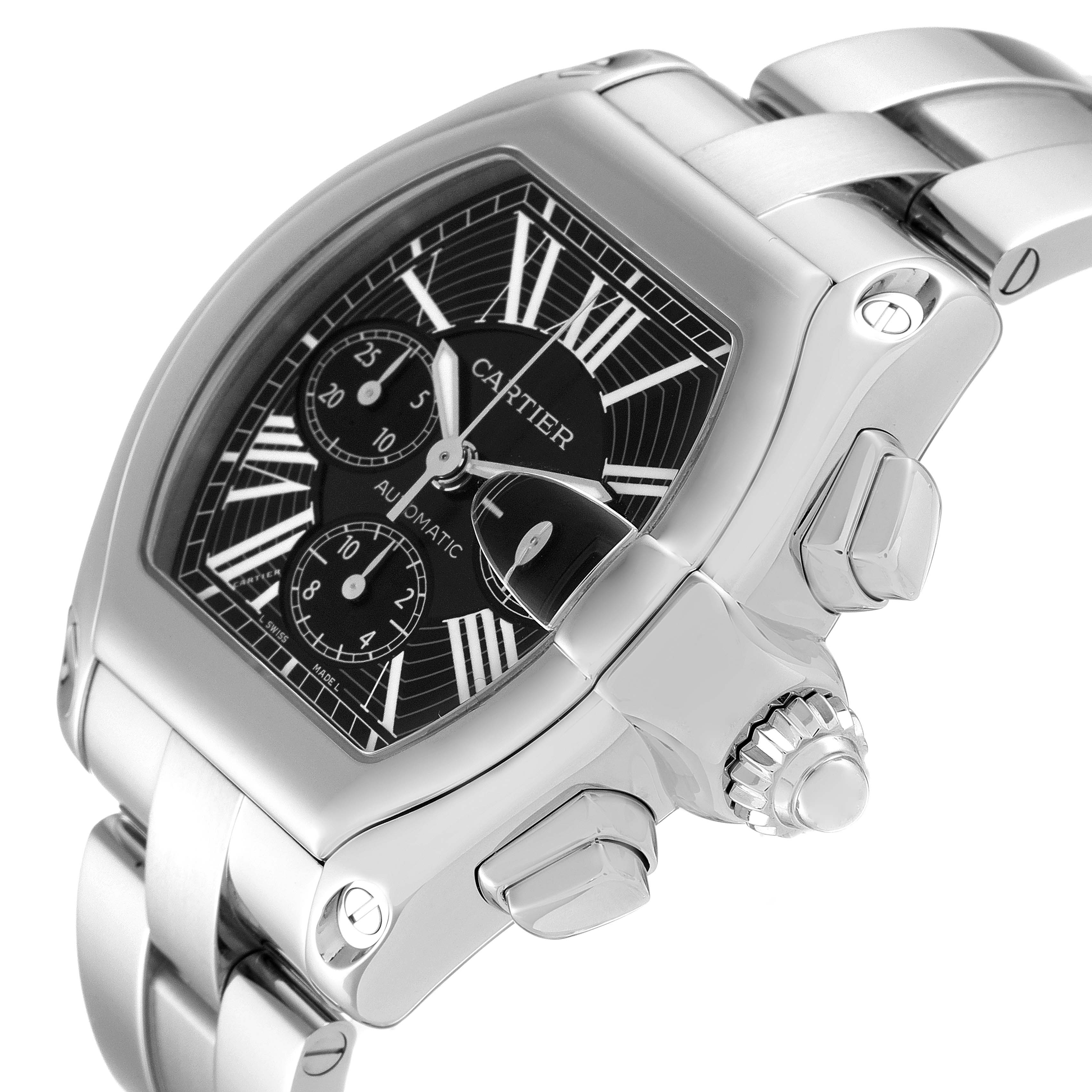 The Cartier Roadster W62020X6 Men
s Stainless Steel Black Dial W62020X6 Men
s Stainless Steel Black Dial watch is shown at a three-quarter angle, highlighting its black dial, chrome case, and bracelet.