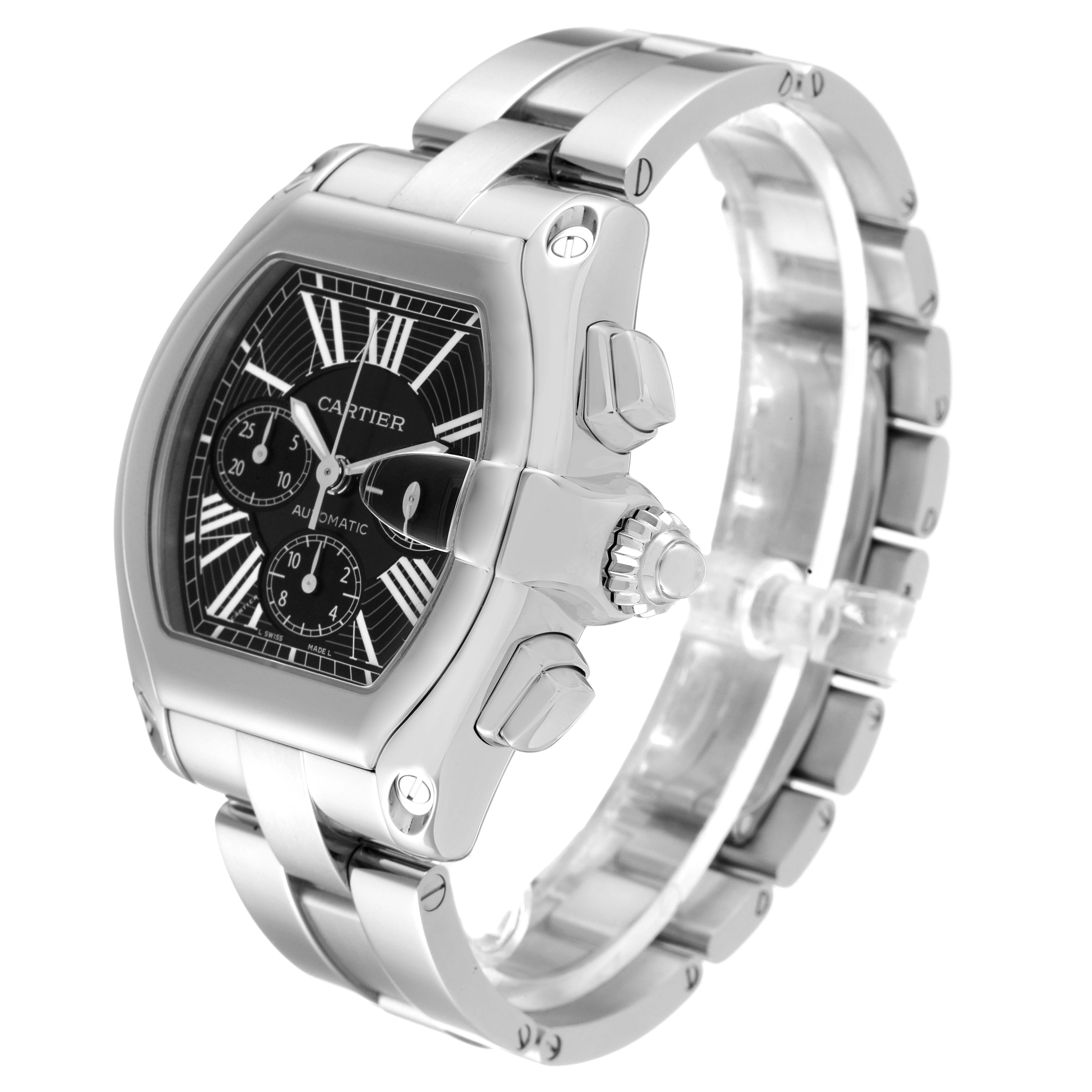 The Cartier Roadster W62020X6 Men
s Stainless Steel Black Dial W62020X6 Men
s Stainless Steel Black Dial watch is shown at an angle displaying the face, crown, and part of the stainless steel bracelet.