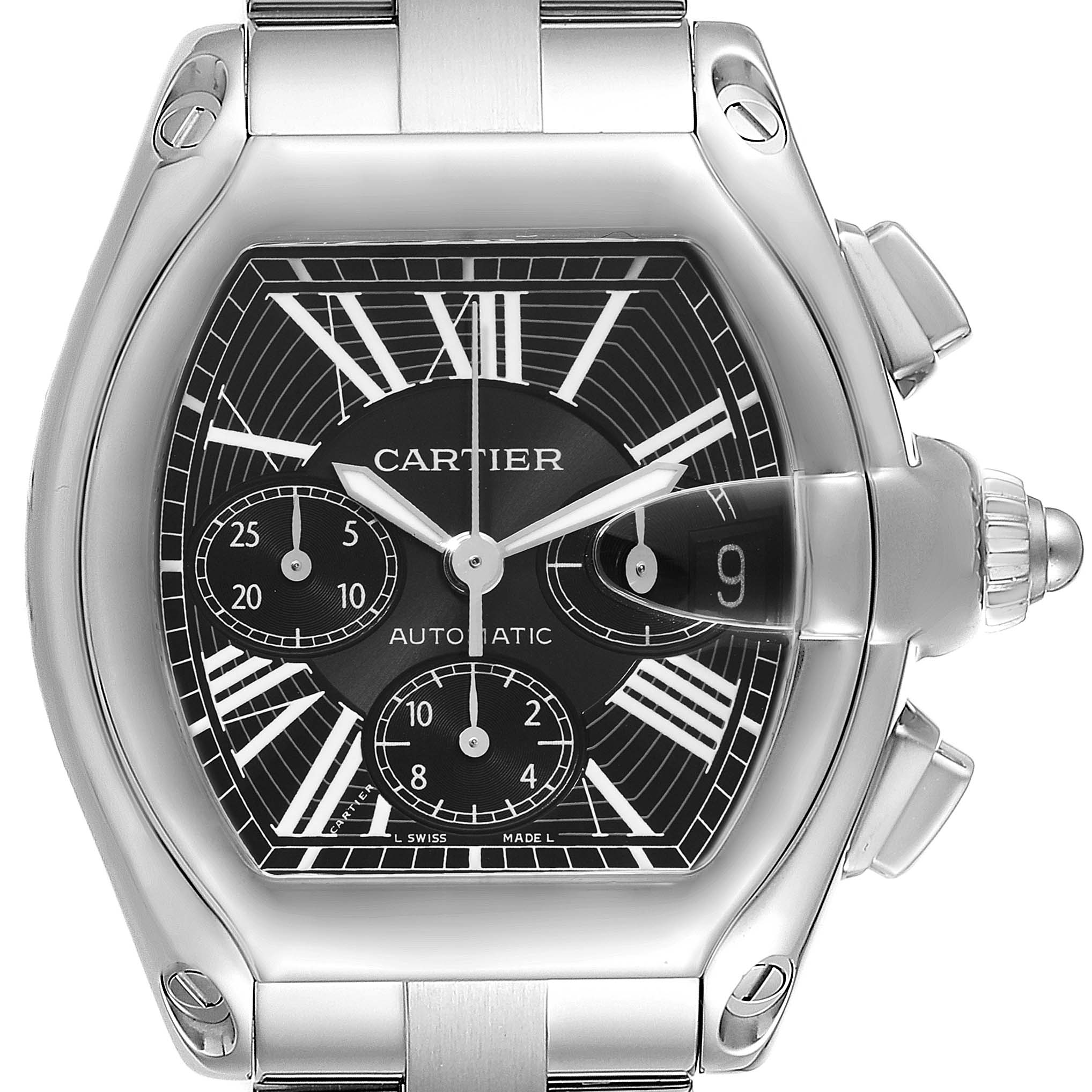 The image shows a Cartier Roadster W62020X6 Men
s Stainless Steel Black Dial W62020X6 Men
s Stainless Steel Black Dial watch, featuring a close-up of the face and partial stainless steel bracelet.