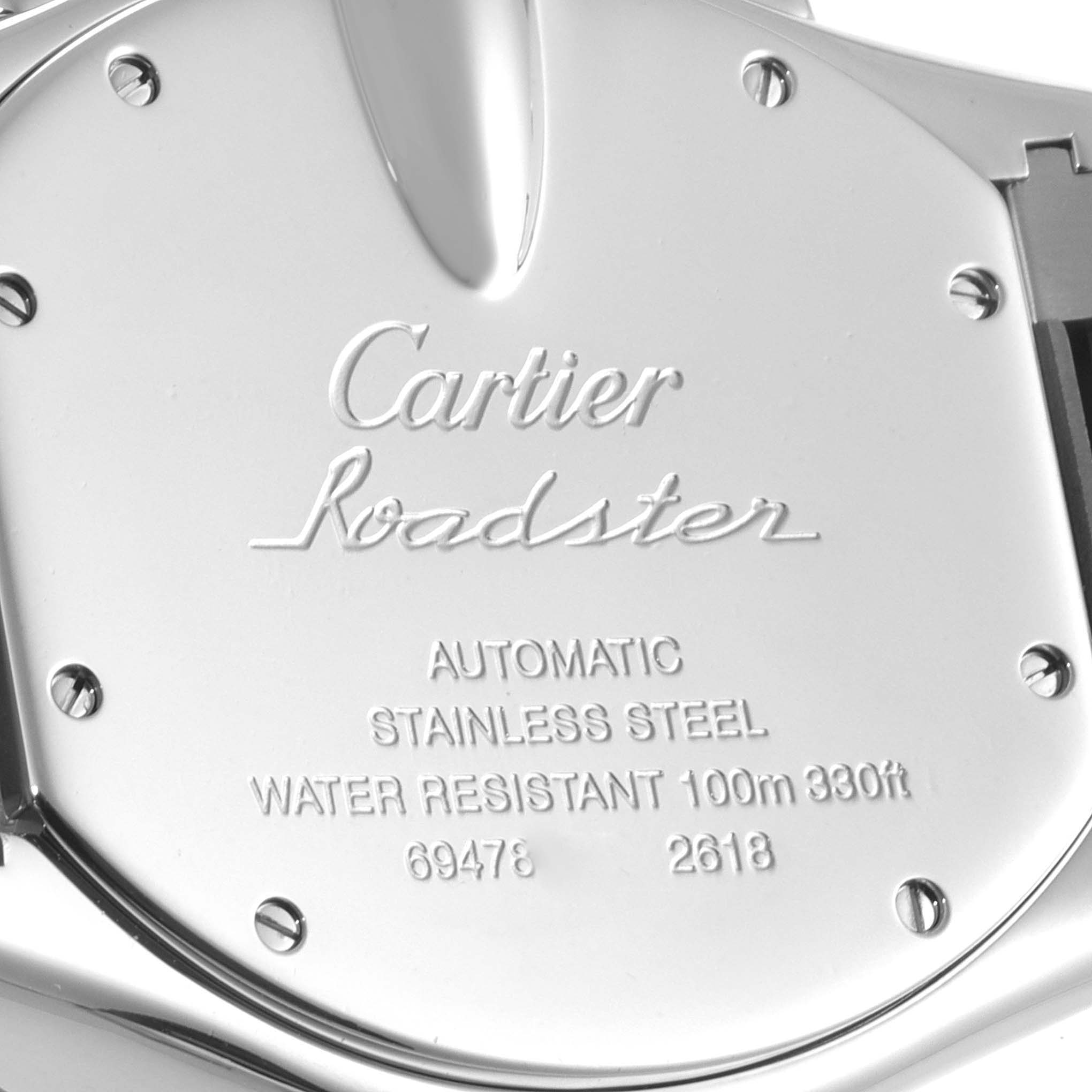 This image shows the back case of a Cartier Roadster W62020X6 Men
s Stainless Steel Black Dial W62020X6 Men
s Stainless Steel Black Dial watch, highlighting its model information and specifications.