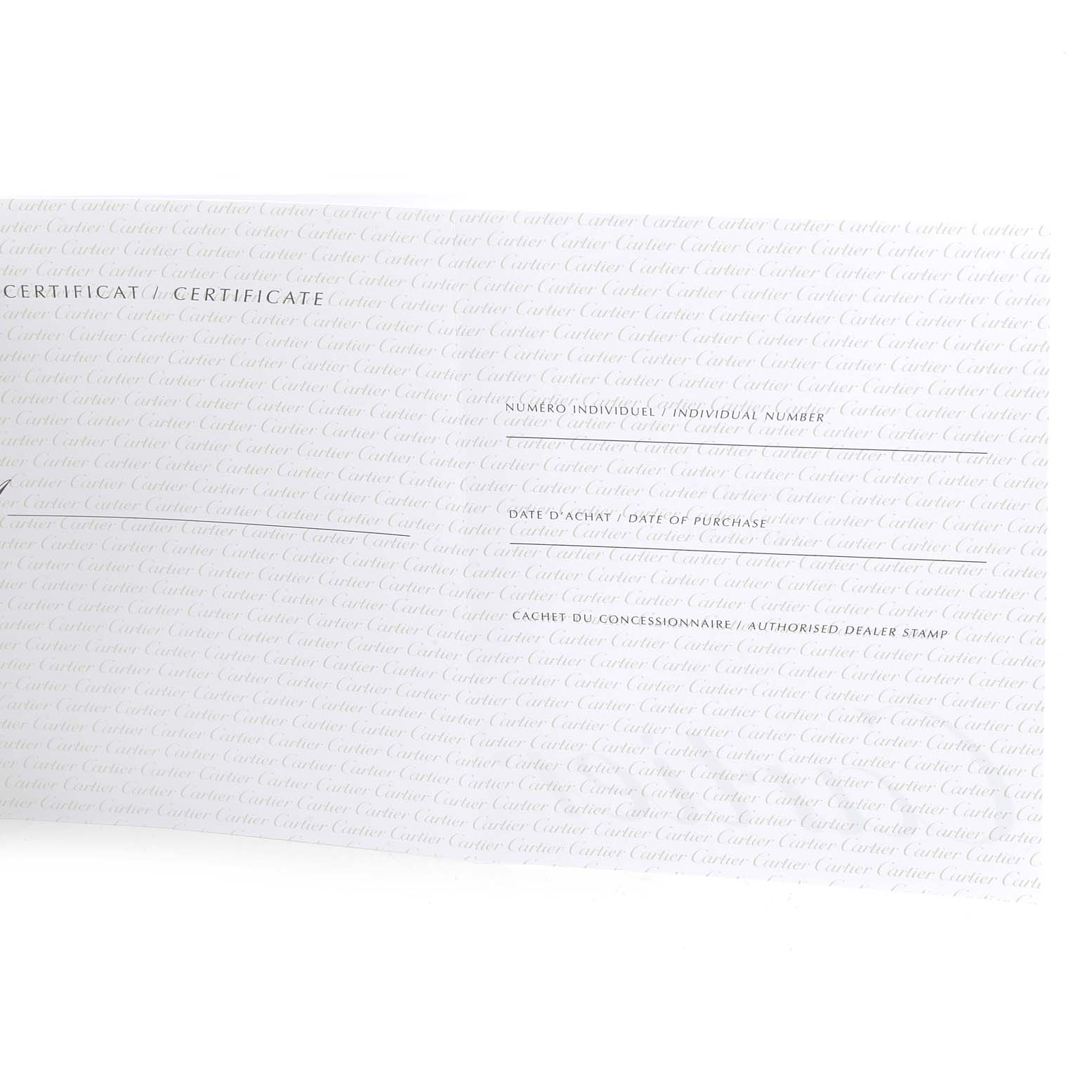 The image shows a certificate for a Cartier Roadster W62020X6 Men
s Stainless Steel Black Dial W62020X6 Men
s Stainless Steel Black Dial watch, focusing on text fields for individual number, date of purchase, and dealer stamp.