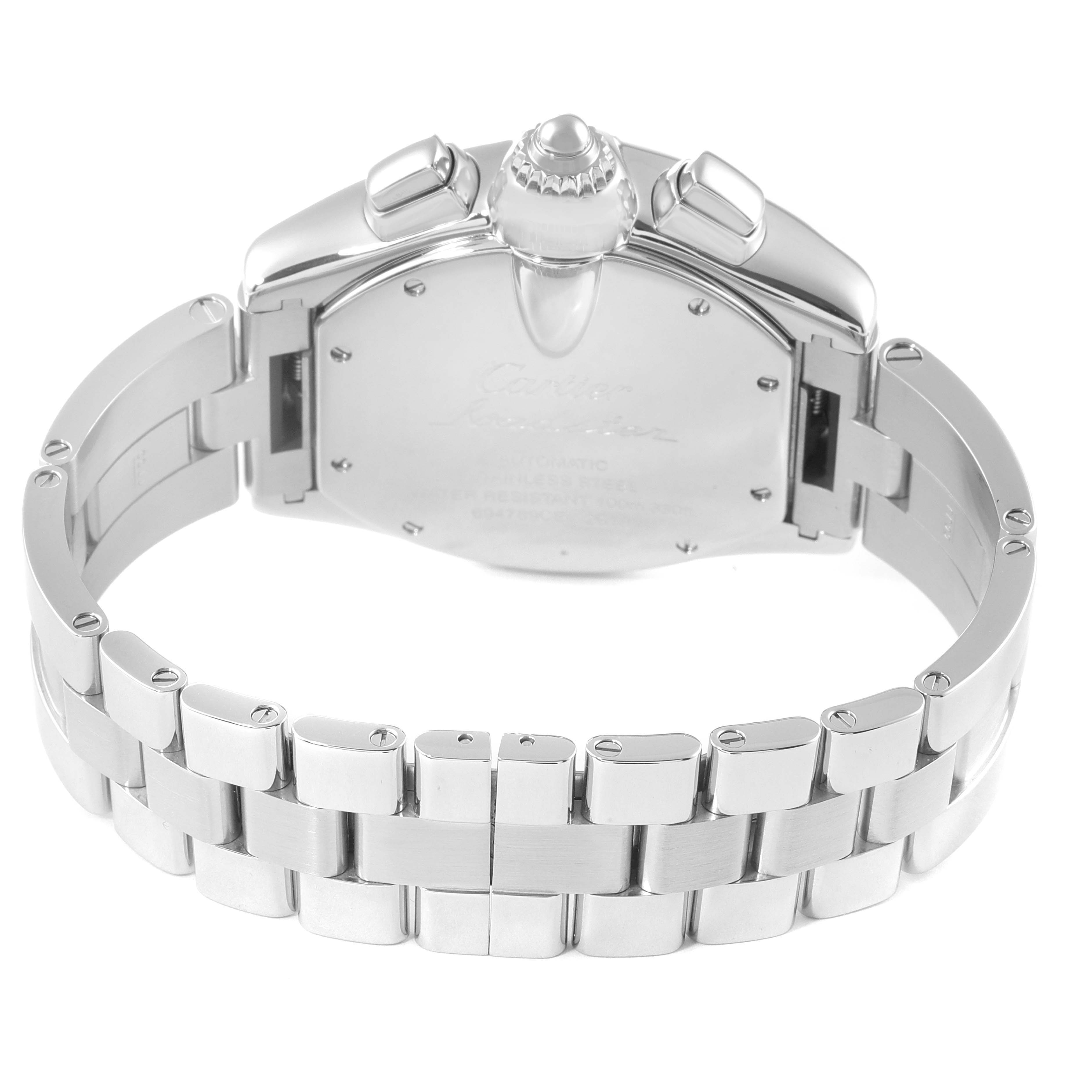 This image shows the back and bracelet of the Cartier Roadster W62020X6 Men
s Stainless Steel Black Dial W62020X6 Men
s Stainless Steel Black Dial watch from a rear angle.