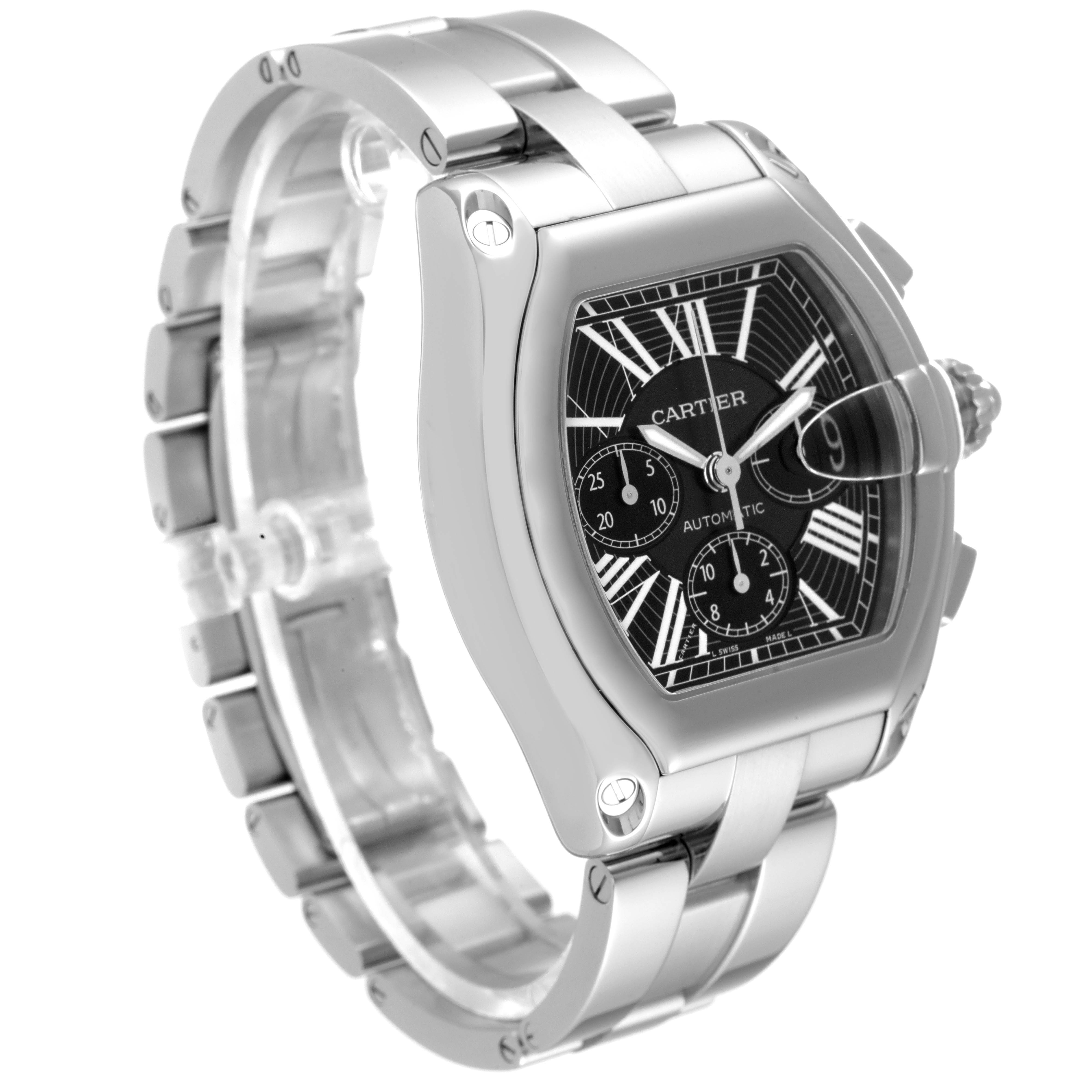 The Cartier Roadster W62020X6 Men
s Stainless Steel Black Dial W62020X6 Men
s Stainless Steel Black Dial watch is shown at a front-left angle, displaying the face and part of the metal bracelet.