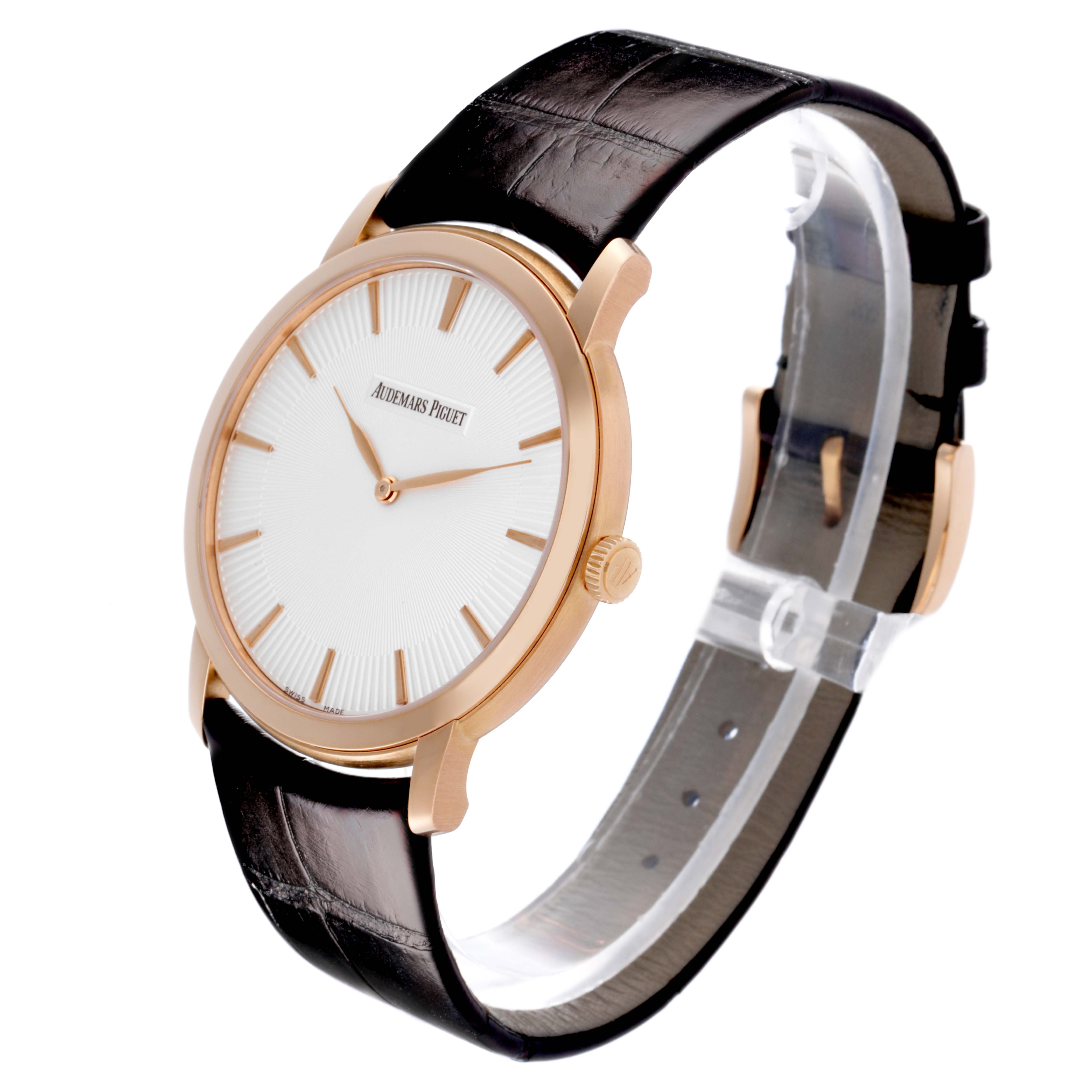 The Jules model by Audemars Piguet is shown at a three-quarter angle, displaying the face, bezel, crown, and strap.