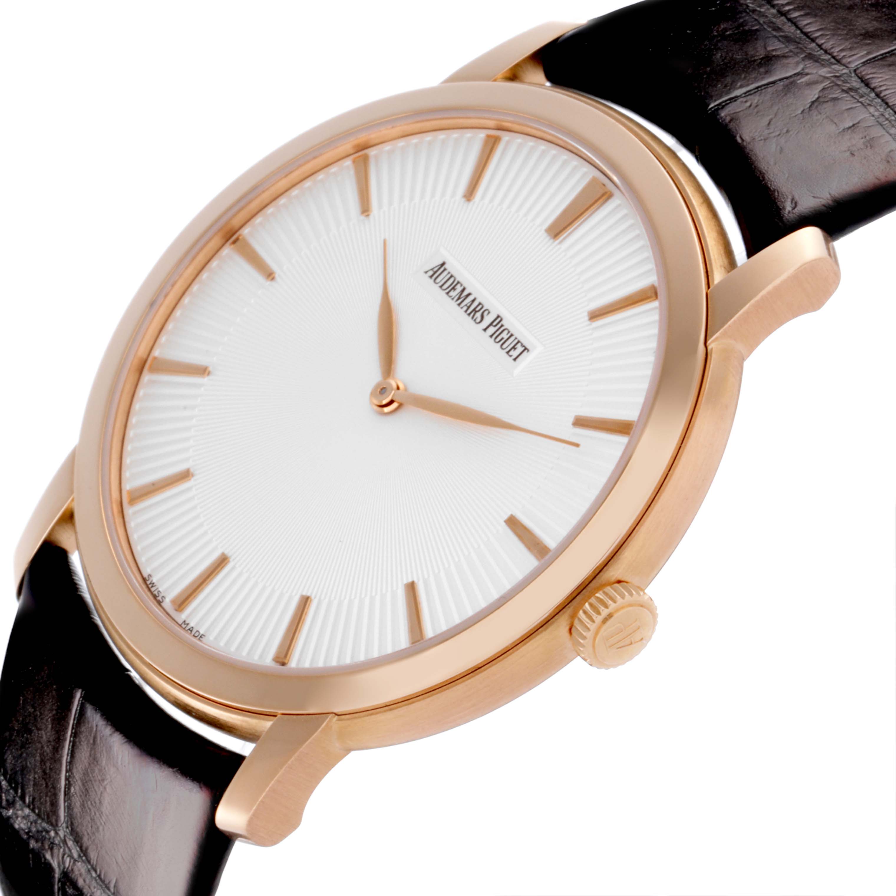 The image shows a side view of the Audemars Piguet Jules 15180OR.OO.A102CR.01 Men's Rose Gold Silver Dial 15180OR.OO.A102CR.01 Men's Rose Gold Silver Dial model, highlighting the watch face, crown, and leather strap.