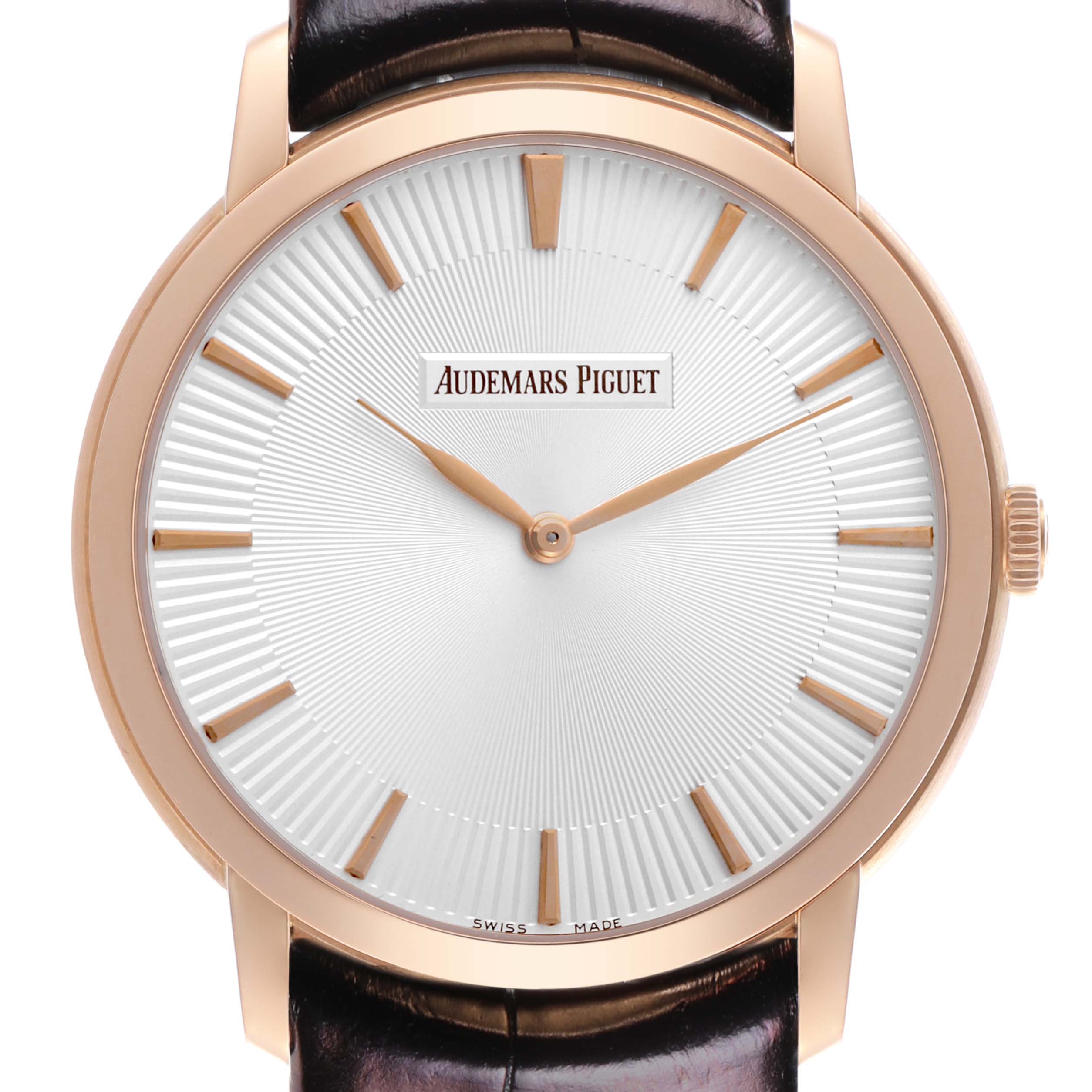 The image shows a front view of the Jules model by Audemars Piguet, highlighting the dial, hands, and crown.