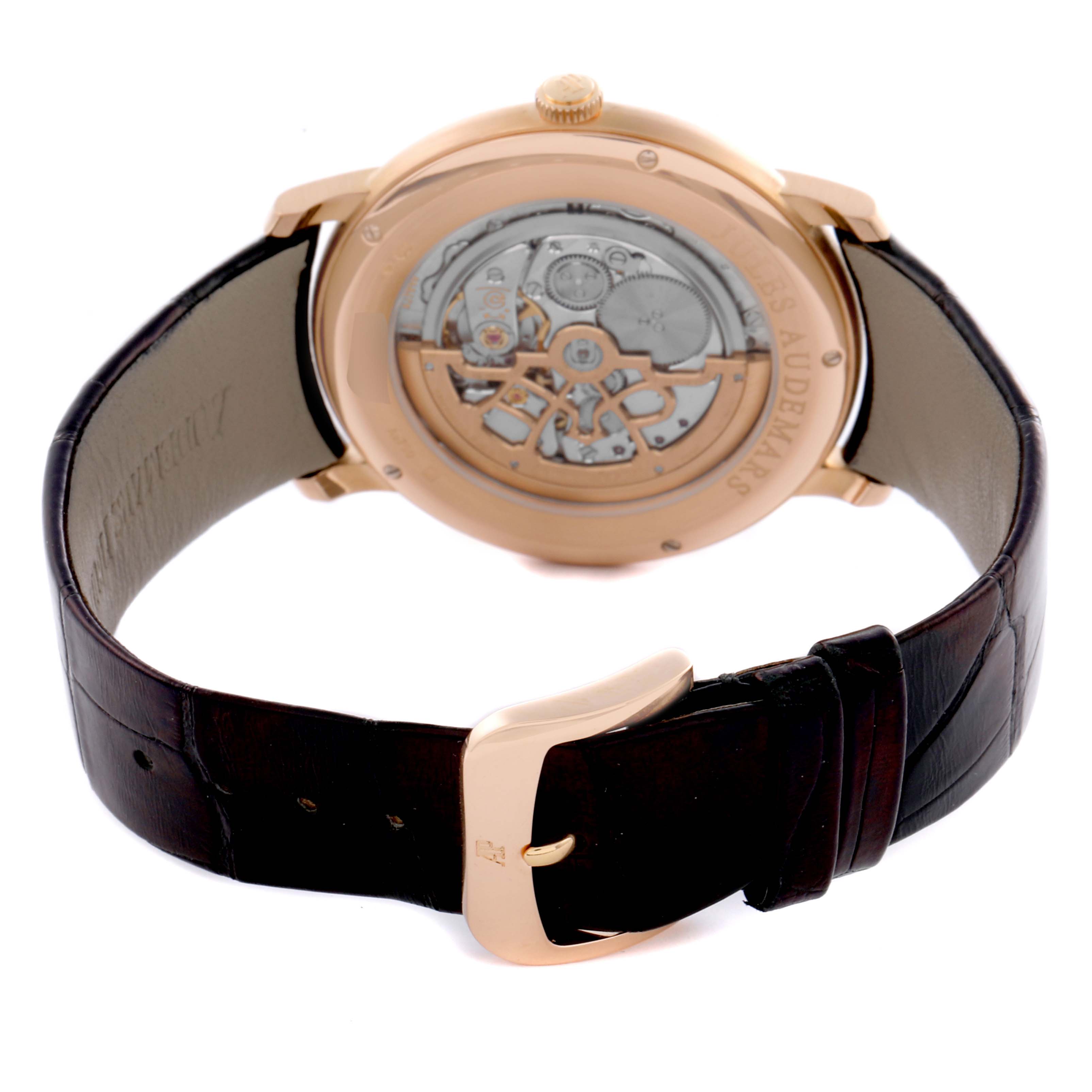 The image shows the back view of a Jules model by Audemars Piguet, highlighting its movement and leather strap.