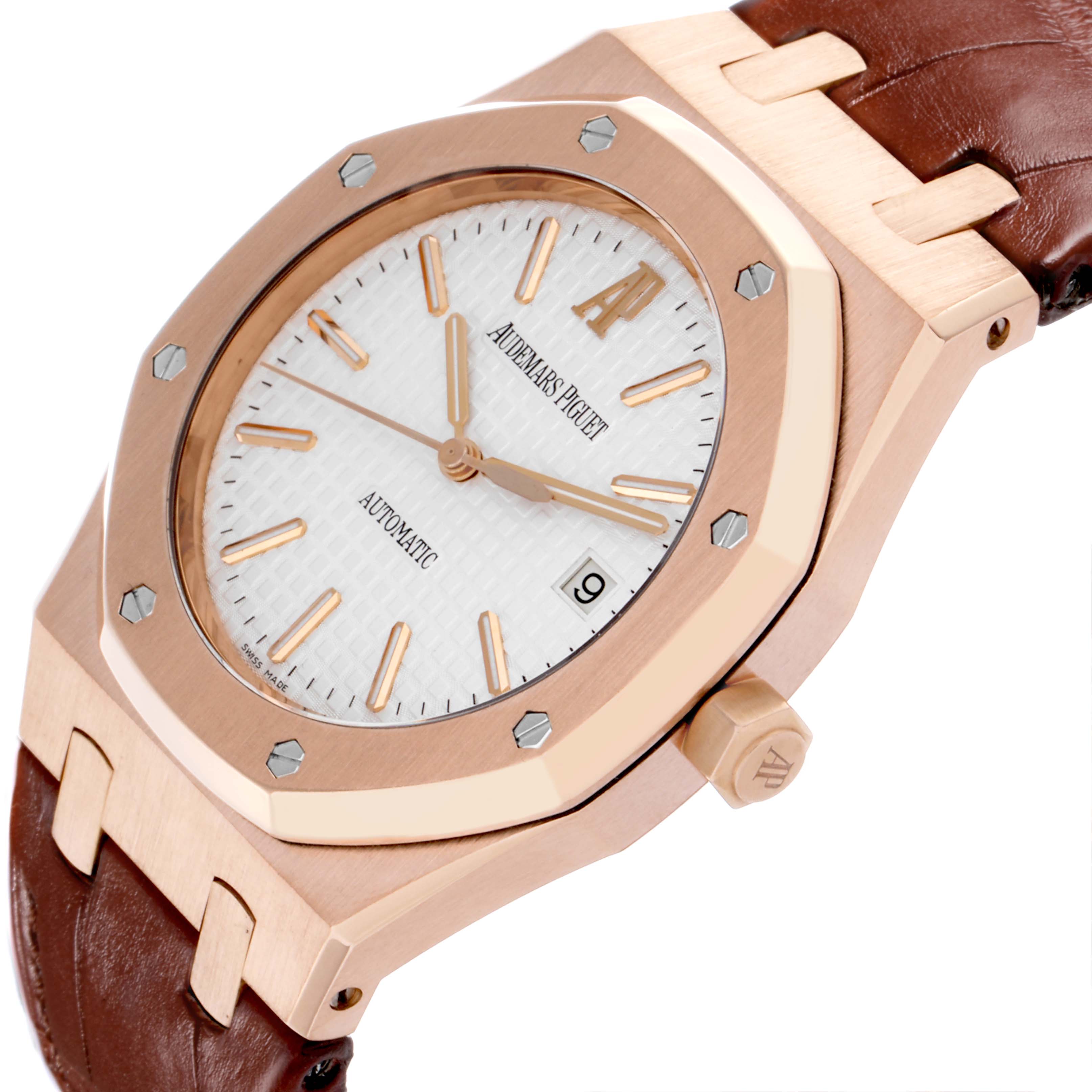 The Audemars Piguet Royal Oak 15300OR.OO.D088CR.02 Men's Rose Gold Silver Dial 15300OR.OO.D088CR.02 Men's Rose Gold Silver Dial watch is shown at a slight angle, highlighting the white dial, rose gold case, and brown leather strap.