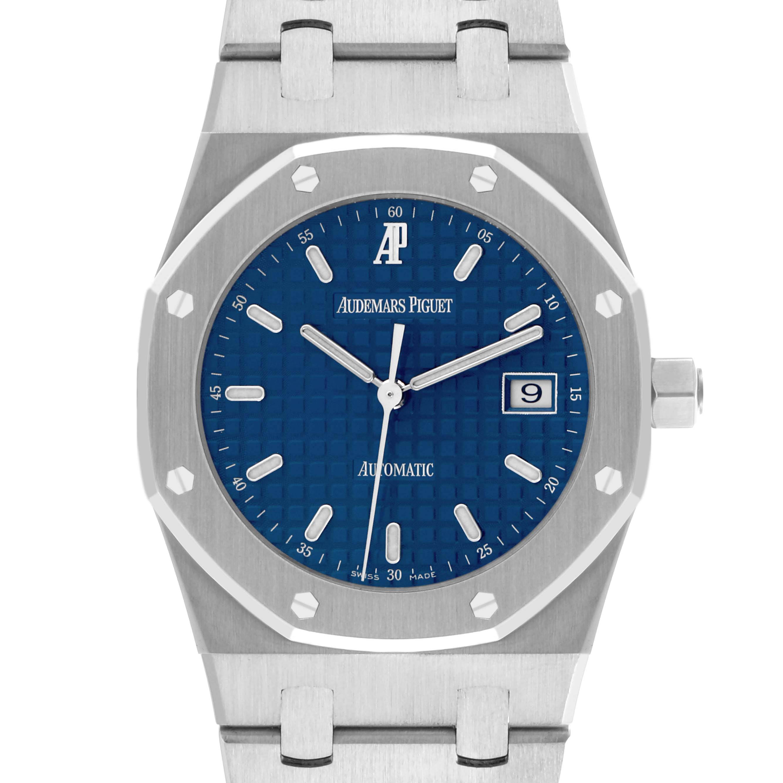 The Audemars Piguet Royal Oak 15000ST.OO.0789ST.06 Men's Stainless Steel Blue Dial 15000ST.OO.0789ST.06 Men's Stainless Steel Blue Dial is shown from the front, highlighting its octagonal bezel, blue dial, and bracelet.
