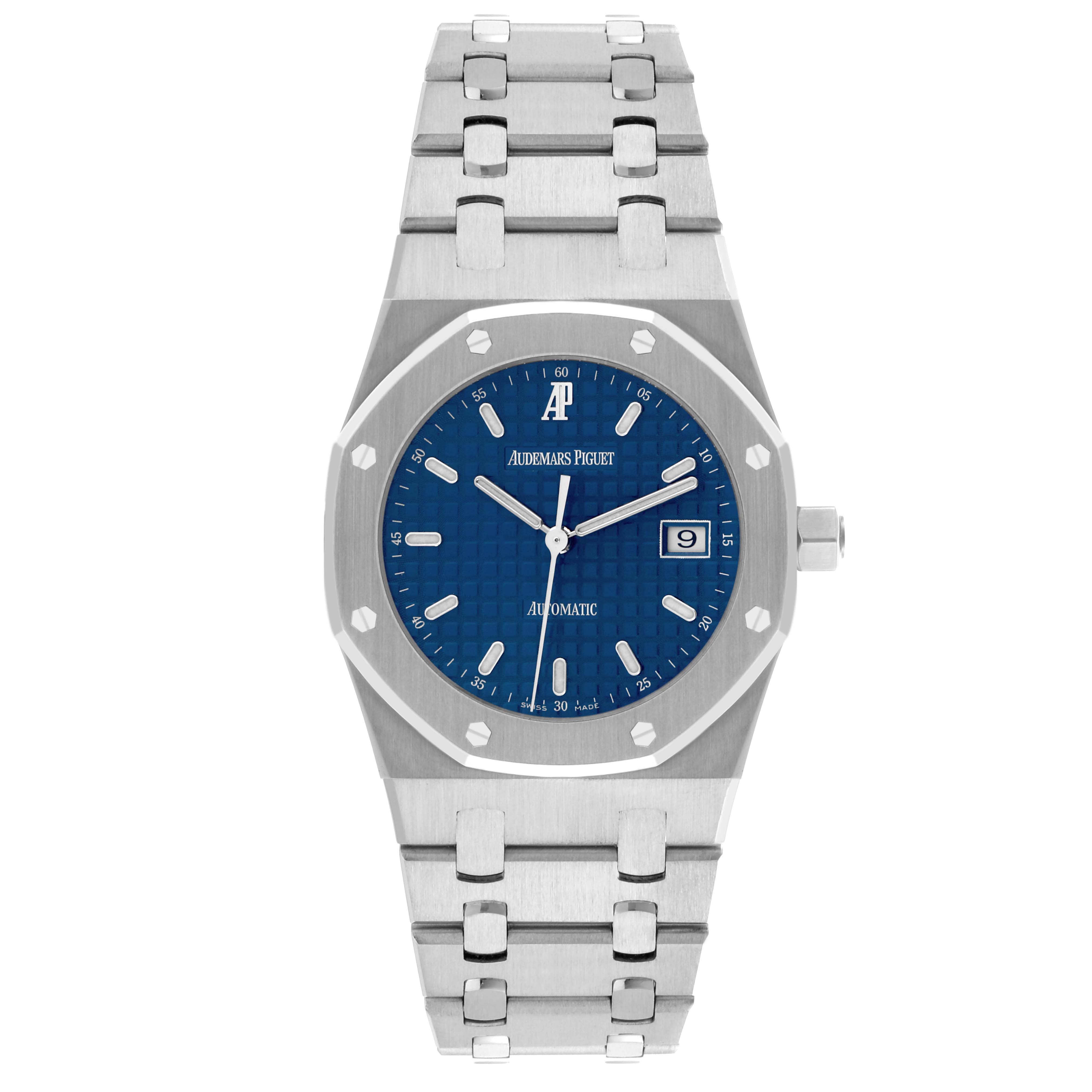 The Audemars Piguet Royal Oak 15000ST.OO.0789ST.06 Men's Stainless Steel Blue Dial 15000ST.OO.0789ST.06 Men's Stainless Steel Blue Dial watch is shown front-facing, displaying the blue dial, hour markers, and bracelet.
