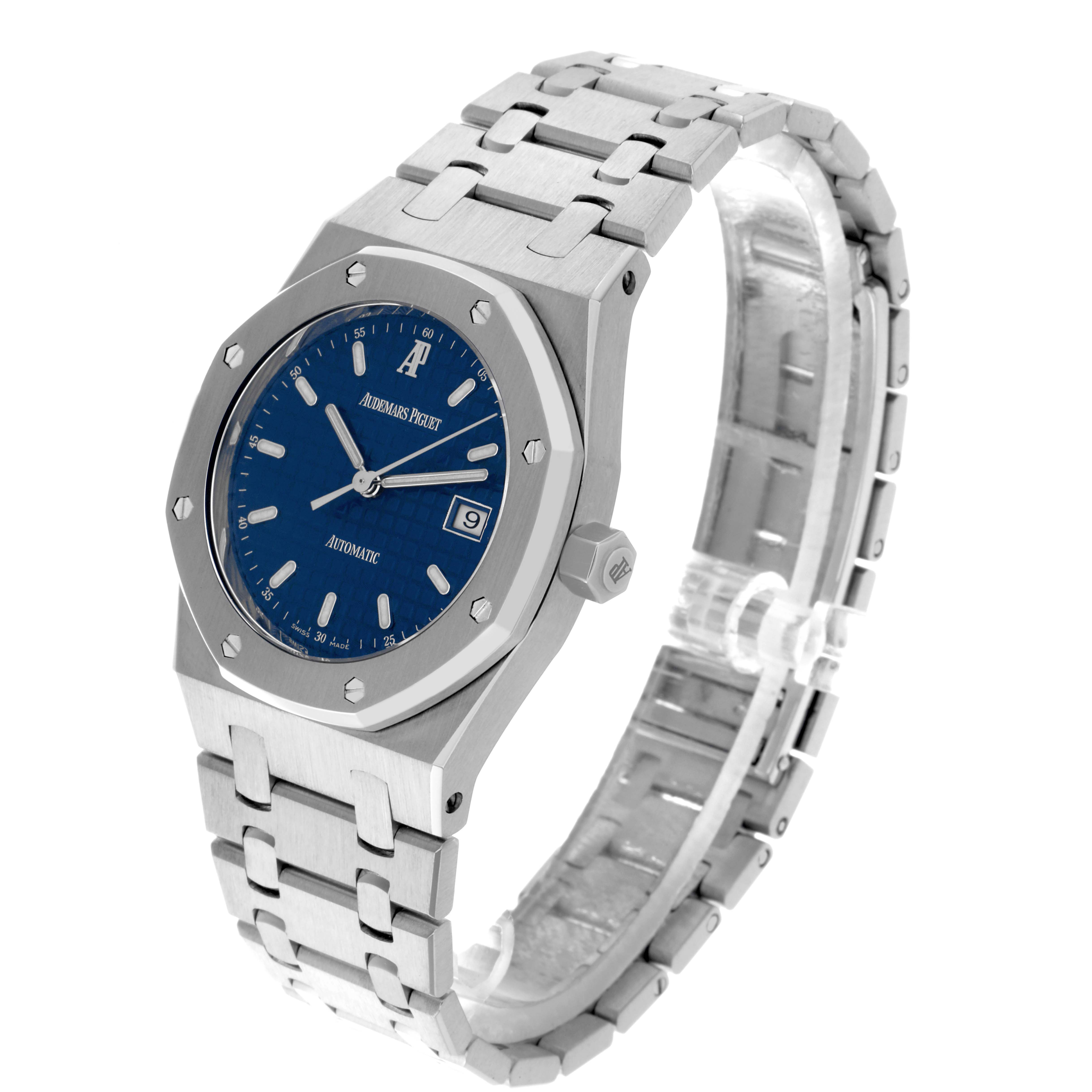 The Audemars Piguet Royal Oak 15000ST.OO.0789ST.06 Men's Stainless Steel Blue Dial 15000ST.OO.0789ST.06 Men's Stainless Steel Blue Dial watch is shown at an angled side view, highlighting the dial, bezel, crown, and bracelet.