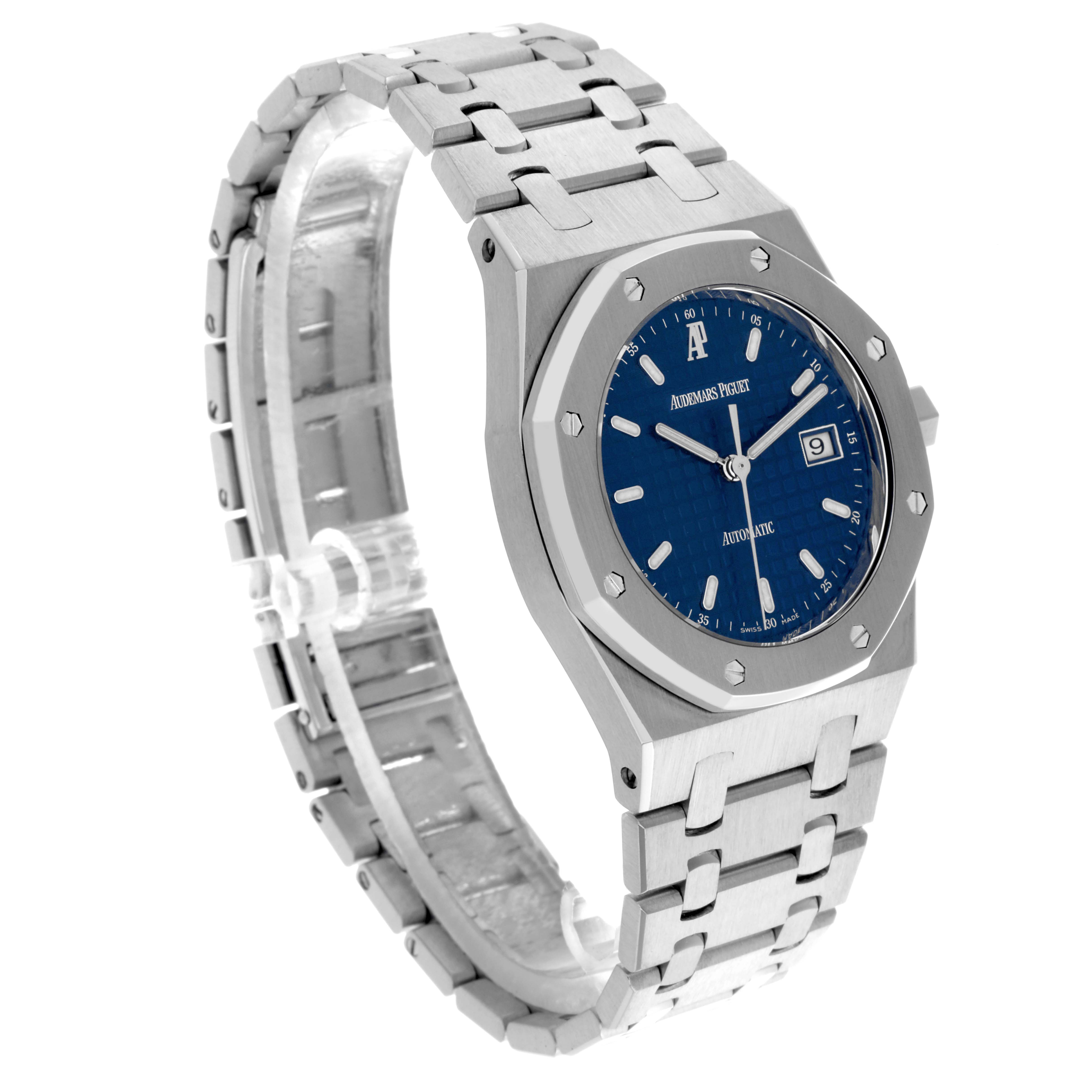 The Audemars Piguet Royal Oak 15000ST.OO.0789ST.06 Men's Stainless Steel Blue Dial 15000ST.OO.0789ST.06 Men's Stainless Steel Blue Dial watch is shown at a three-quarter angle, highlighting the blue dial, octagonal bezel, and metal bracelet.