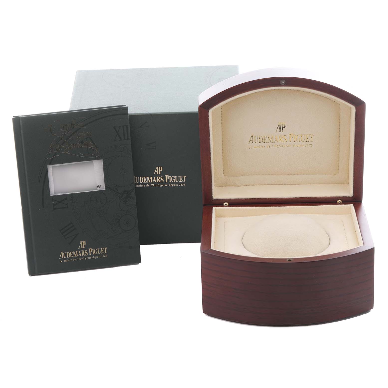 The image shows a Royal Oak Audemars Piguet watch box and booklet, viewed from the front.