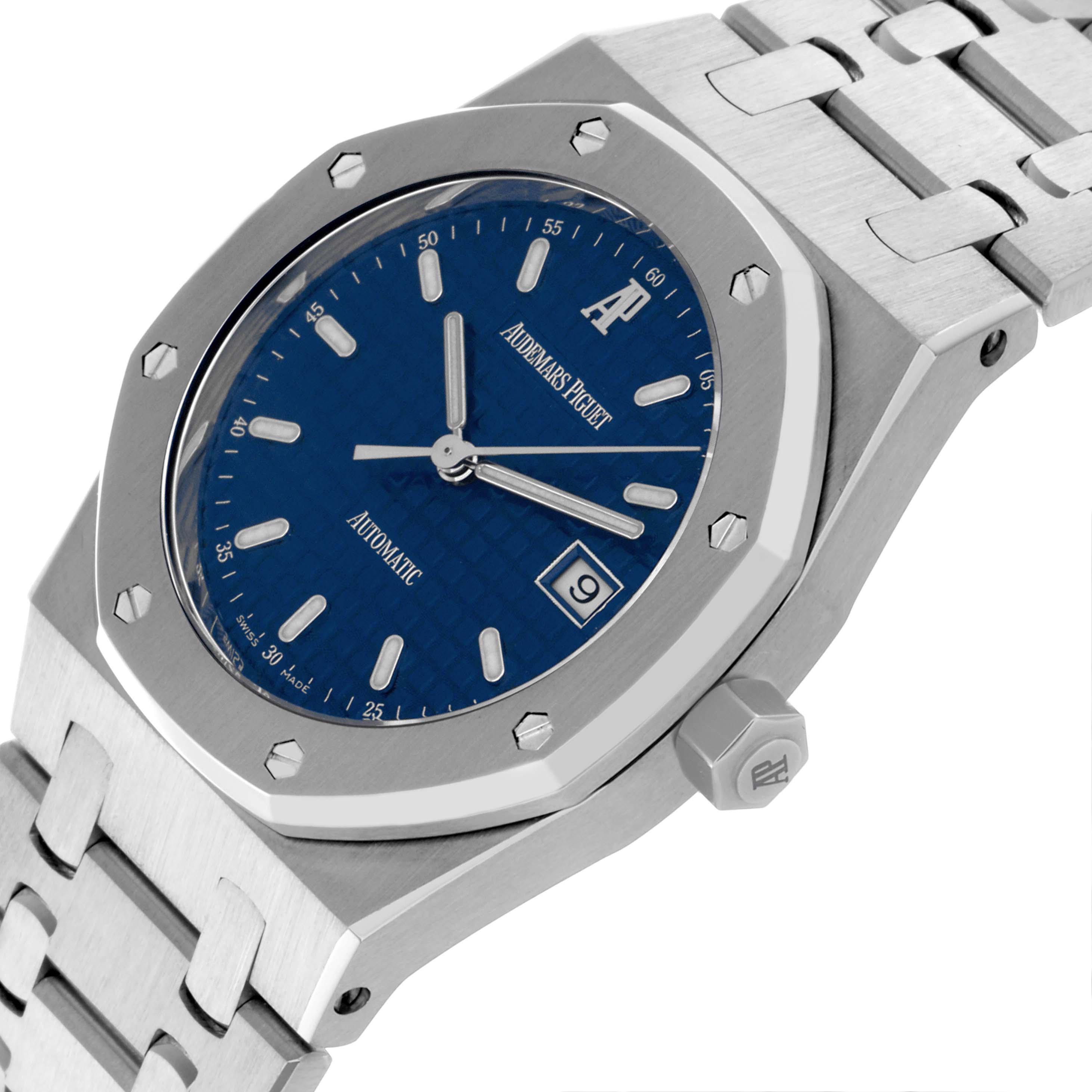 The Audemars Piguet Royal Oak 15000ST.OO.0789ST.06 Men's Stainless Steel Blue Dial 15000ST.OO.0789ST.06 Men's Stainless Steel Blue Dial model is shown at an angle displaying the octagonal bezel, blue dial, date window, and bracelet.