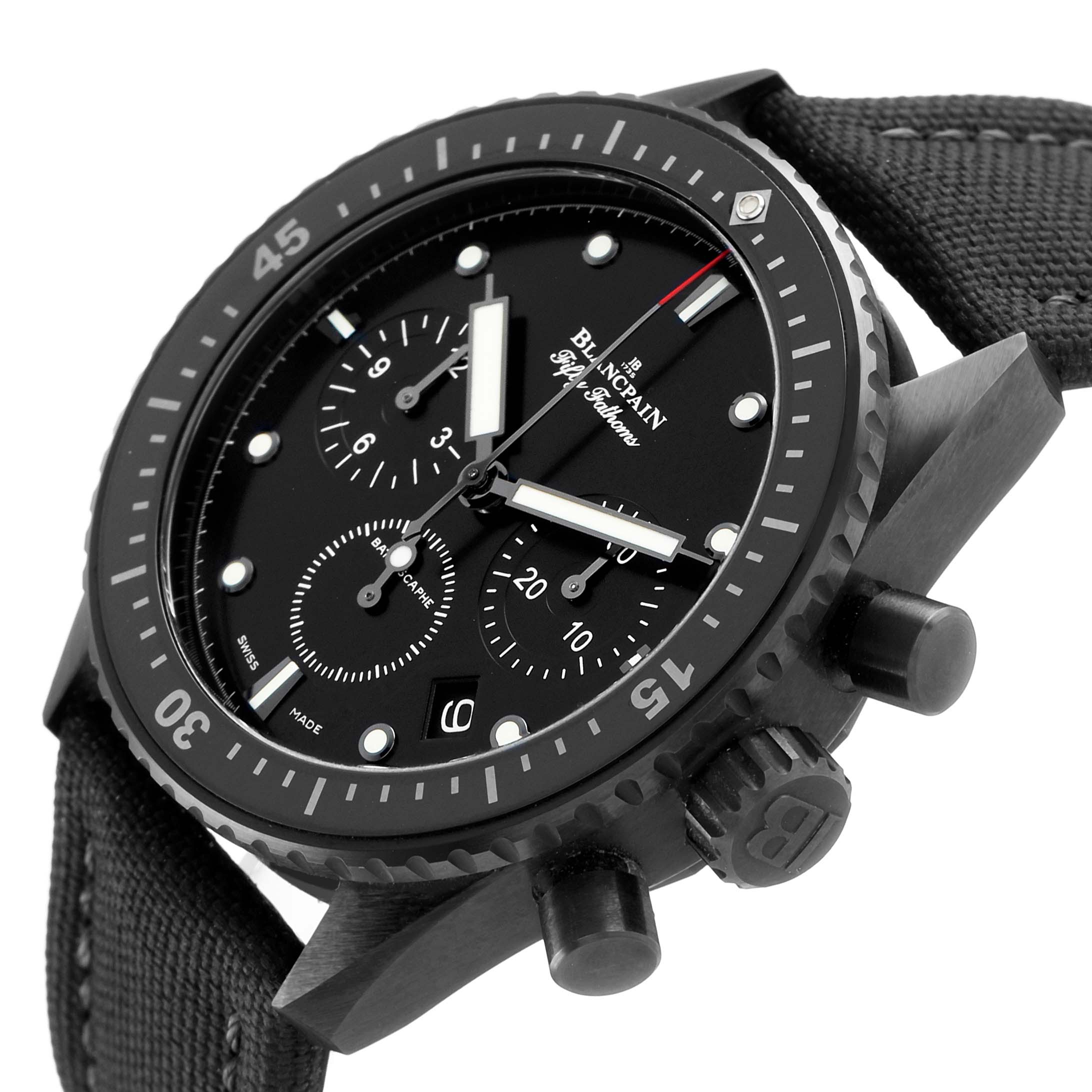 The Blancpain Fifty Fathoms 5200-0730-852A Men's Ceramic Black Dial watch is shown at an angled side view, highlighting the bezel, dial, and pushers.