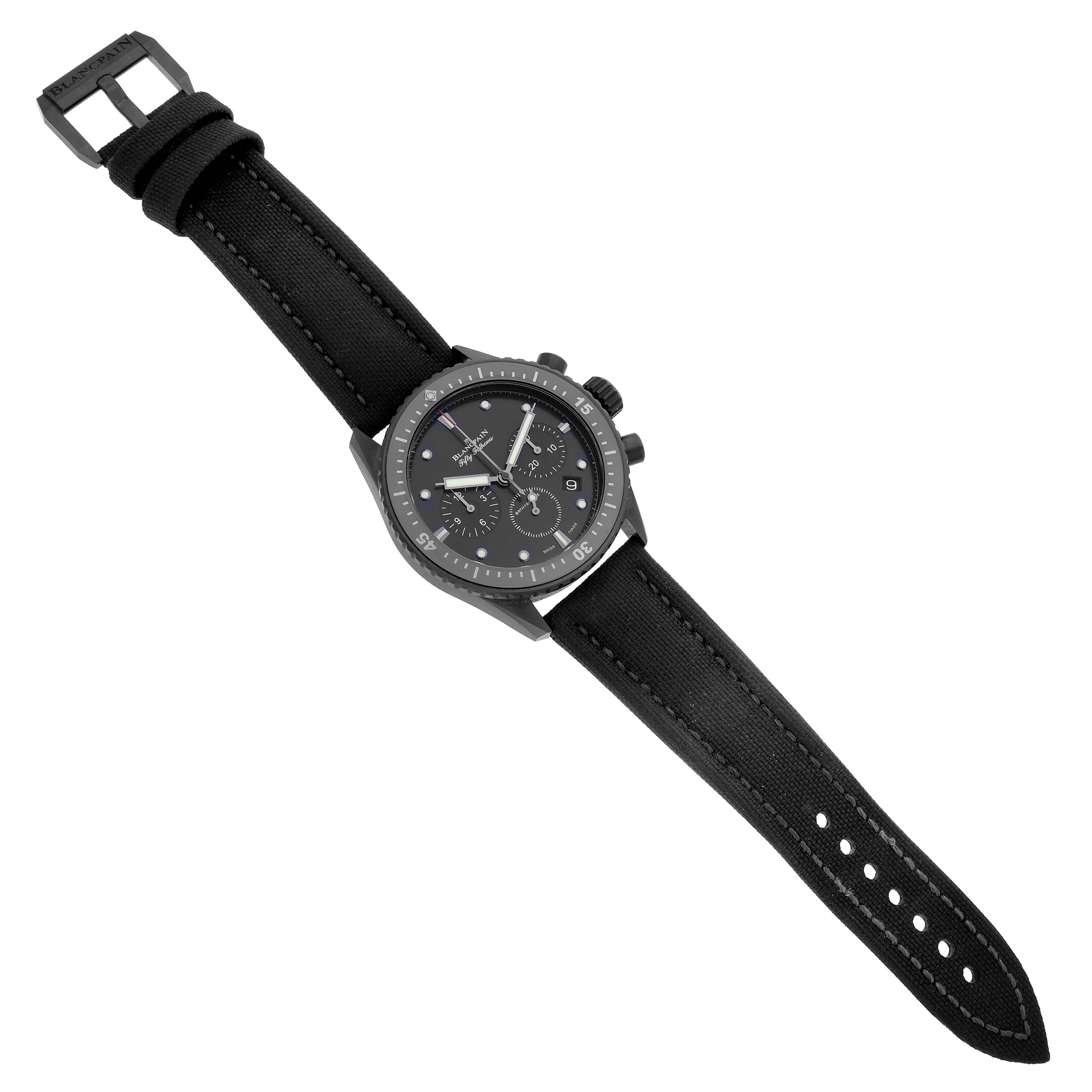 The Blancpain Fifty Fathoms 5200-0730-852A Men's Ceramic Black Dial watch is shown at a top-down angle, displaying the face, bezel, and complete strap.