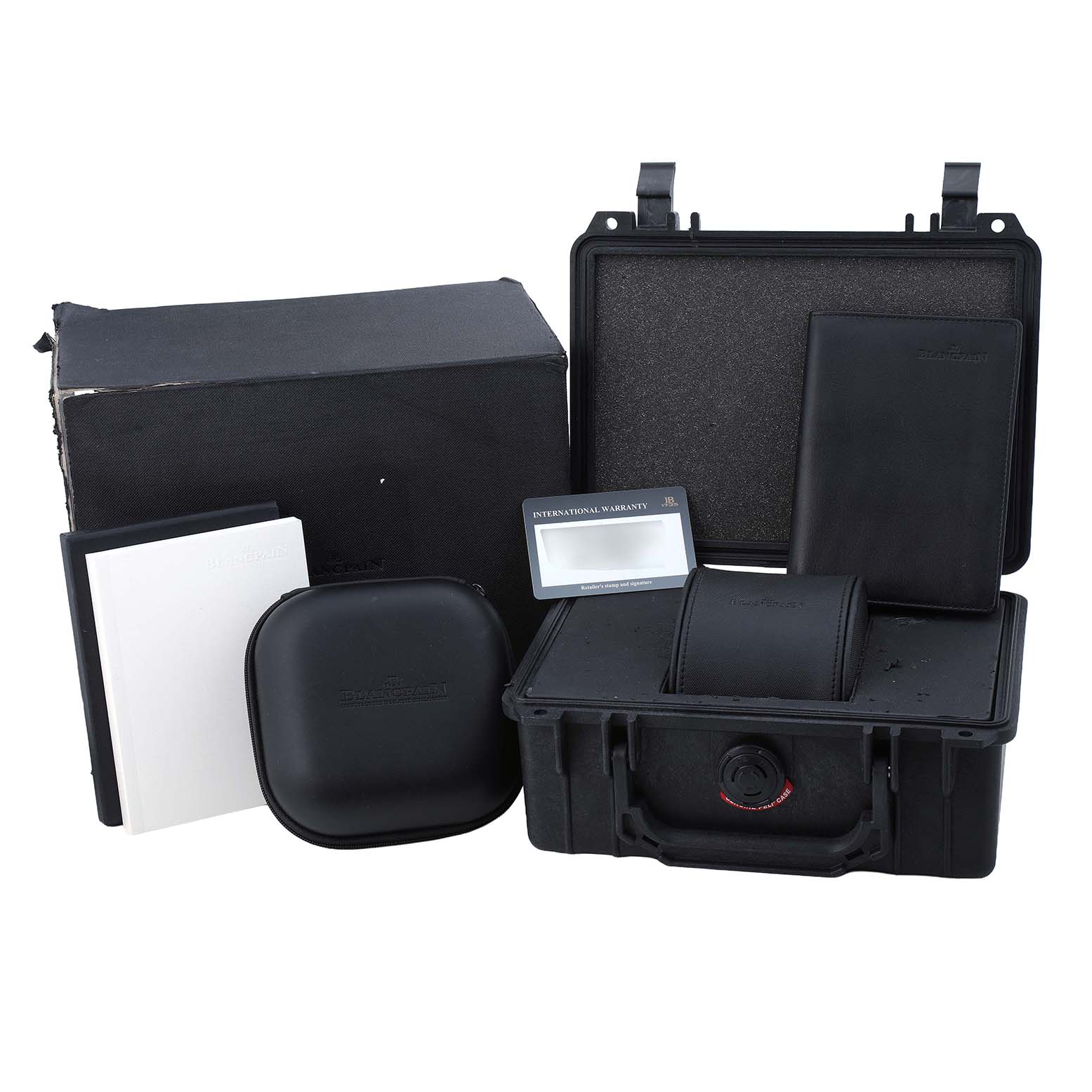 The image shows Blancpain Fifty Fathoms 5200-0730-852A Men's Ceramic Black Dial packaging and accessories, including a case, manuals, a wallet, and a warranty card.