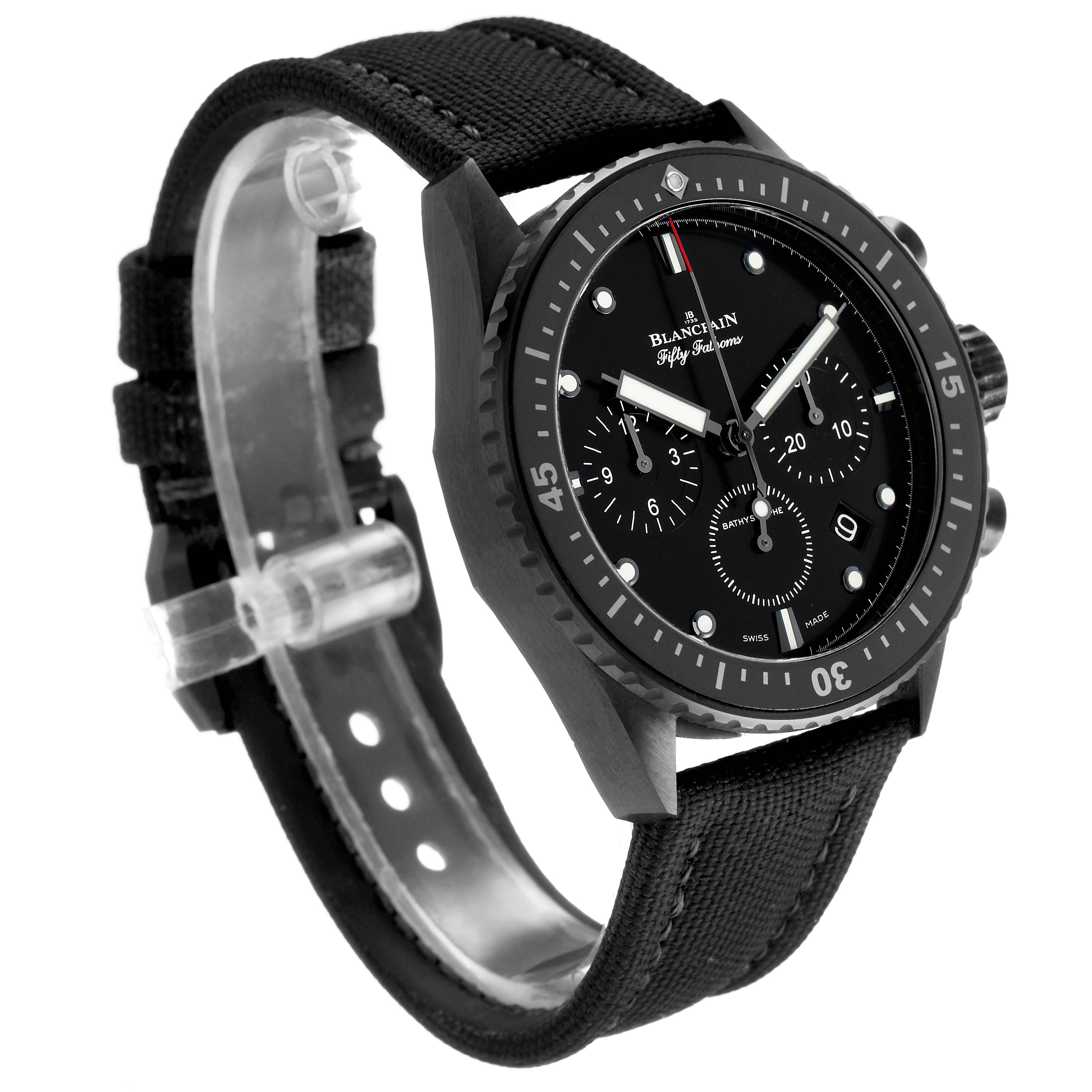 The Blancpain Fifty Fathoms 5200-0730-852A Men's Ceramic Black Dial watch is shown at a slight angle, highlighting the bezel, dial, and black strap.