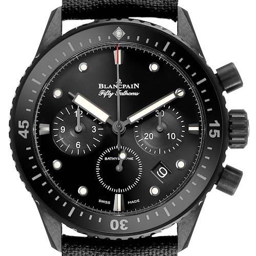The Blancpain Fifty Fathoms 5200-0730-852A Men's Ceramic Black Dial watch is shown from the front, displaying the dial, bezel, crown, and pushers.
