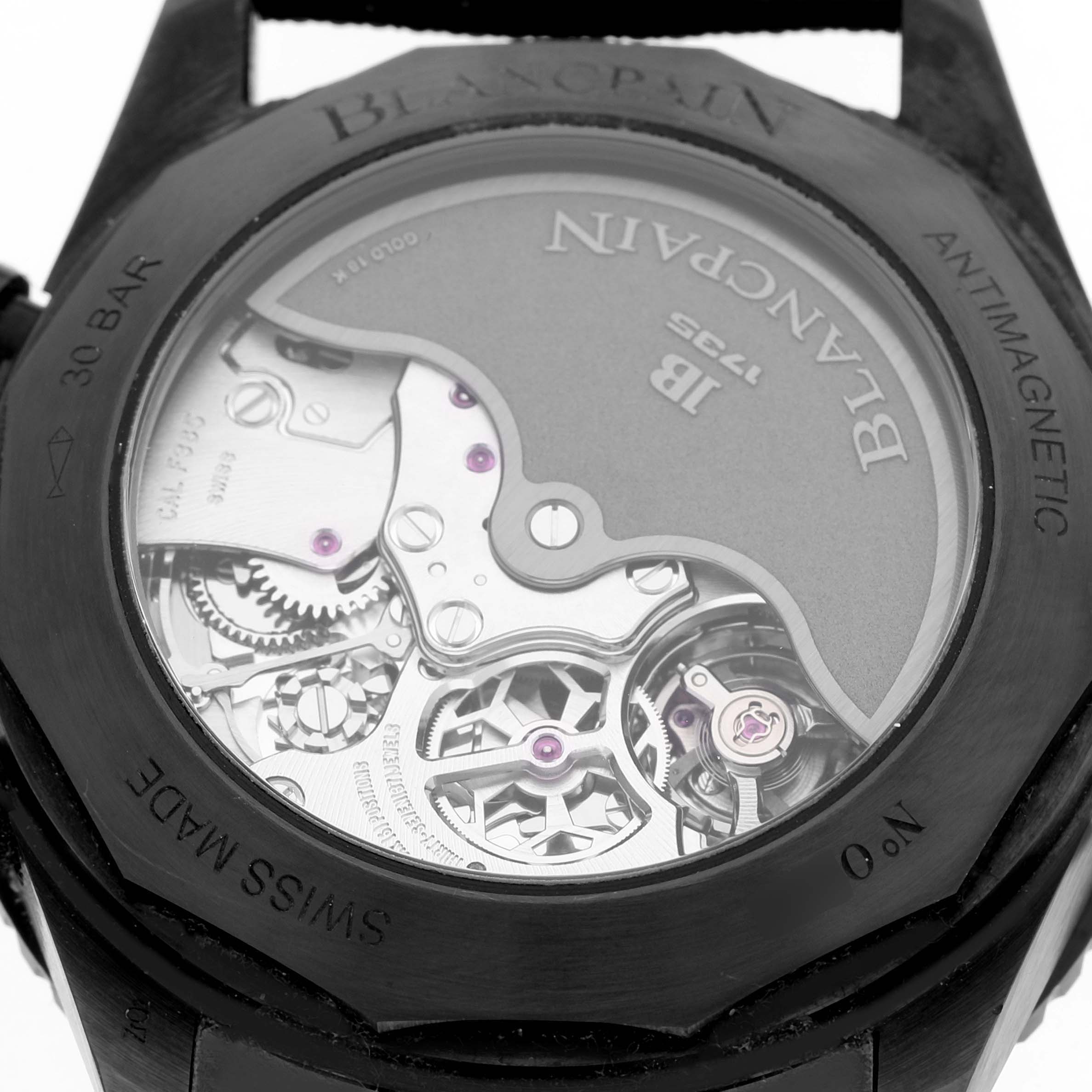 The image shows the back of a Blancpain Fifty Fathoms 5200-0730-852A Men's Ceramic Black Dial watch, revealing its intricate internal mechanics.