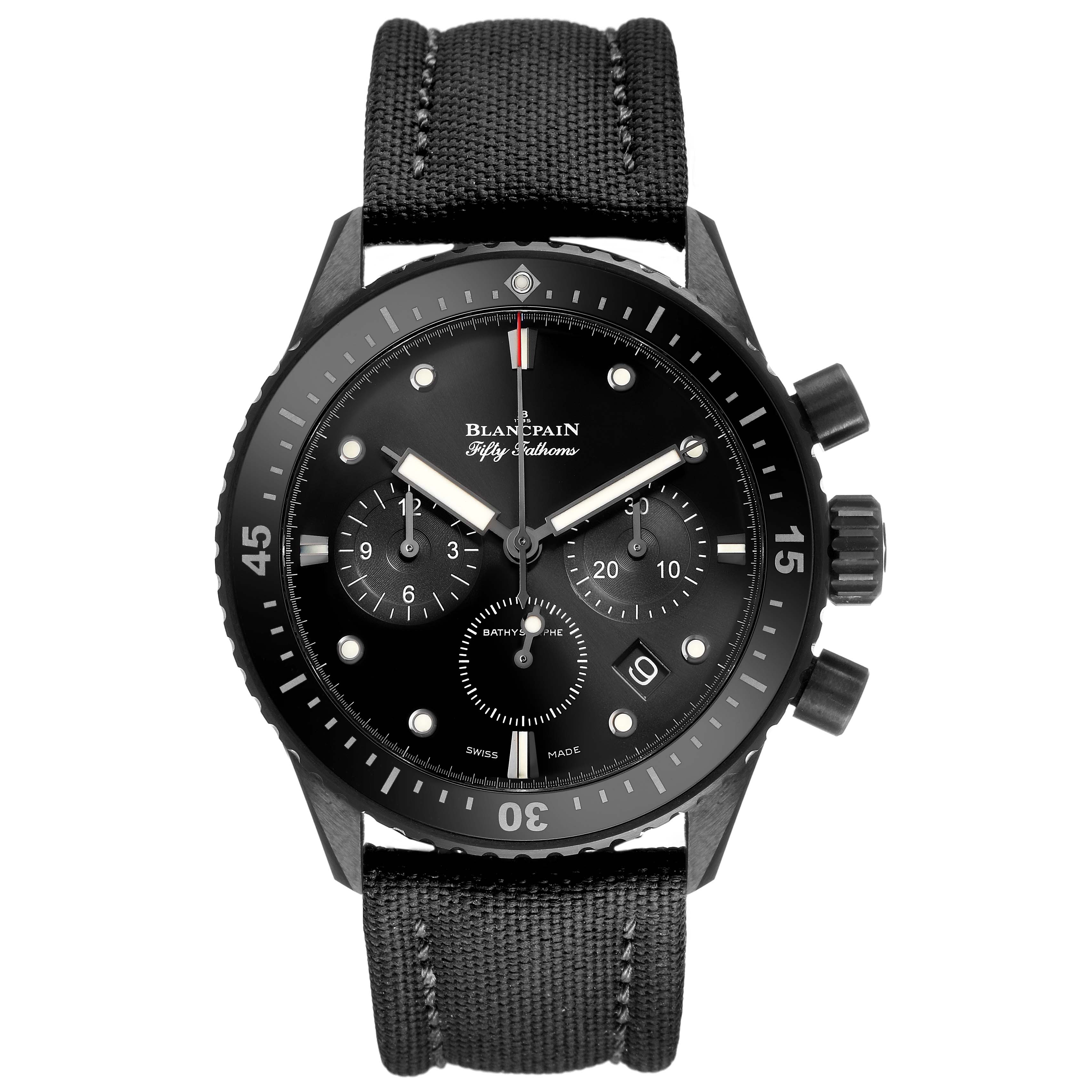 The Blancpain Fifty Fathoms 5200-0730-852A Men's Ceramic Black Dial watch is shown from a front angle, displaying the face, bezel, and strap.