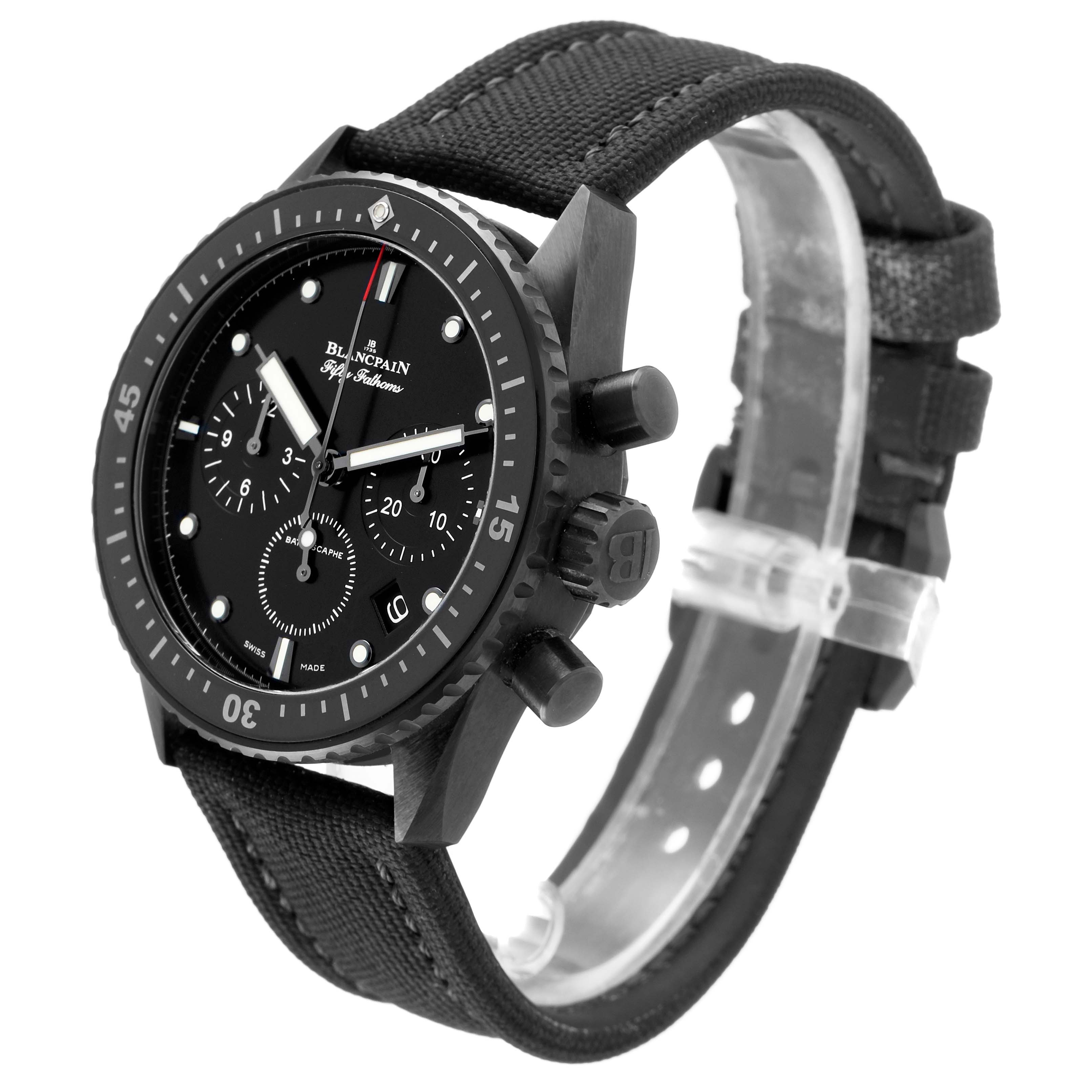 The Blancpain Fifty Fathoms 5200-0730-852A Men's Ceramic Black Dial watch is shown at an angle highlighting the face, bezel, crown, and strap.