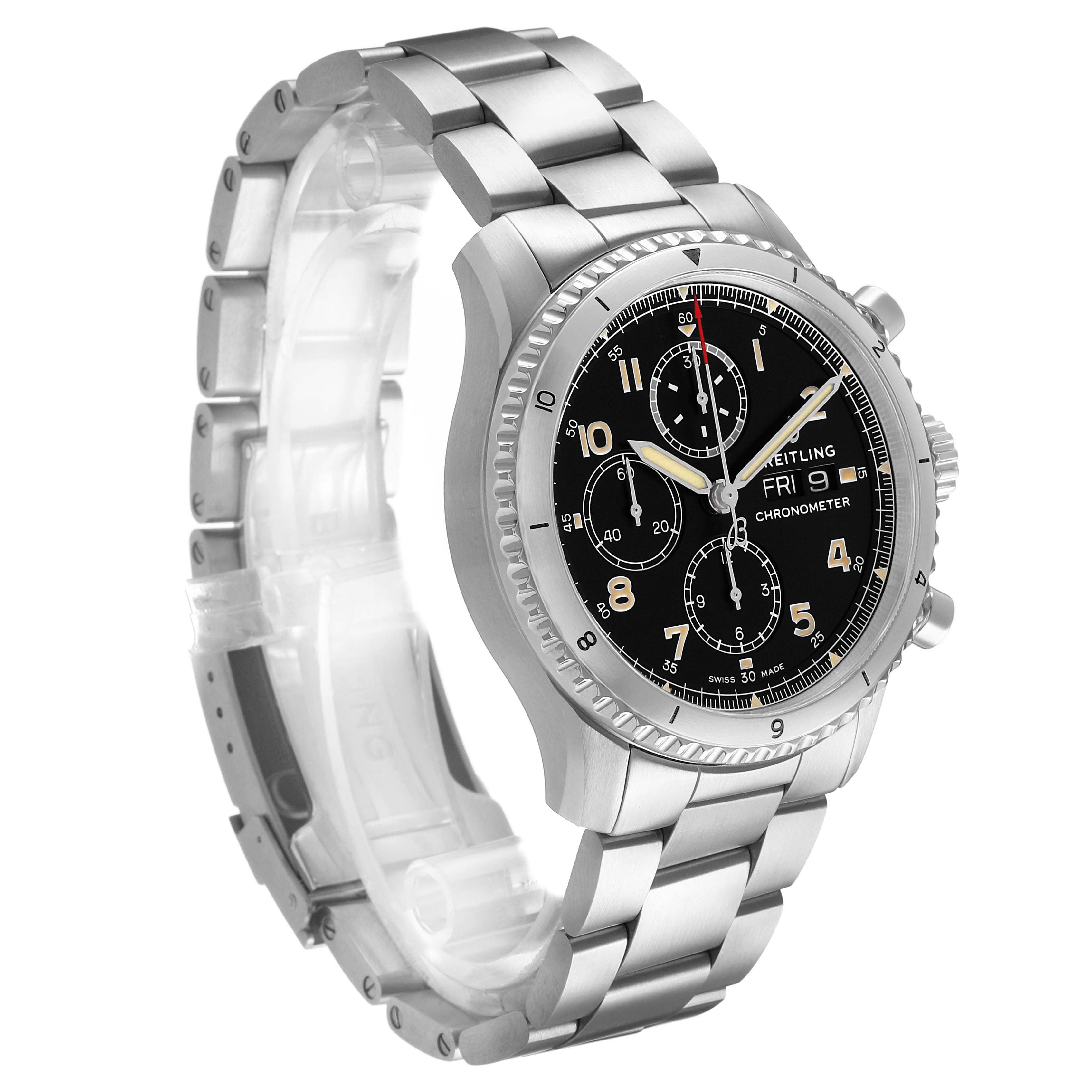 The Breitling Aviator A13316101B1A1 Men's Stainless Steel Black Dial watch is shown at a three-quarter angle, displaying the face, bezel, and full bracelet.