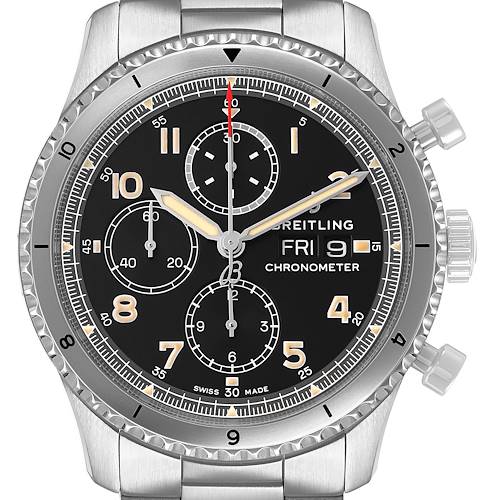 The Breitling Aviator A13316 Men's Stainless Steel Black Dial watch is shown from a front angle, displaying its bezel, dial, subdials, and crown.