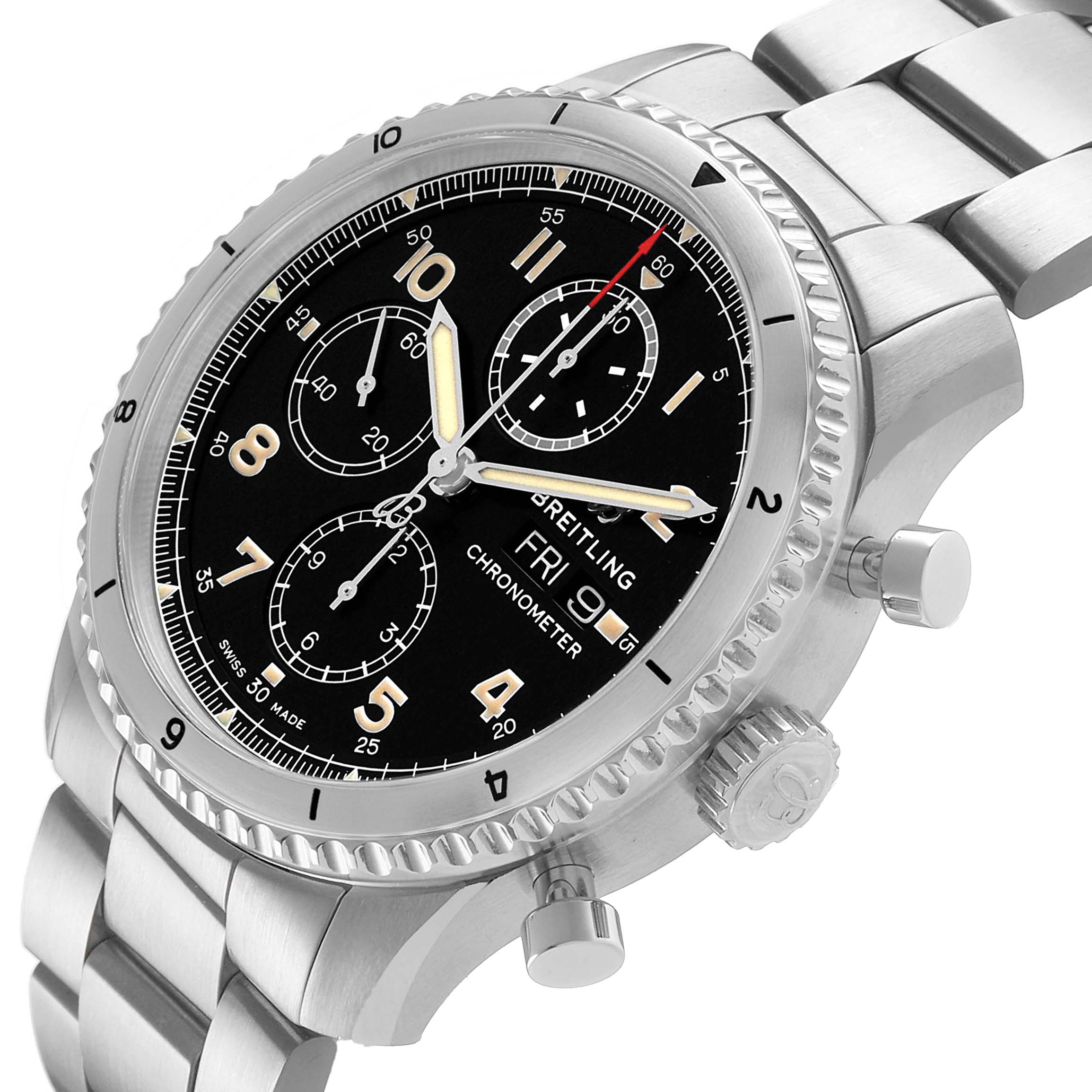 The Breitling Aviator A13316101B1A1 Men's Stainless Steel Black Dial watch is shown from a three-quarter angle, displaying the bezel, dial, crowns, and bracelet.