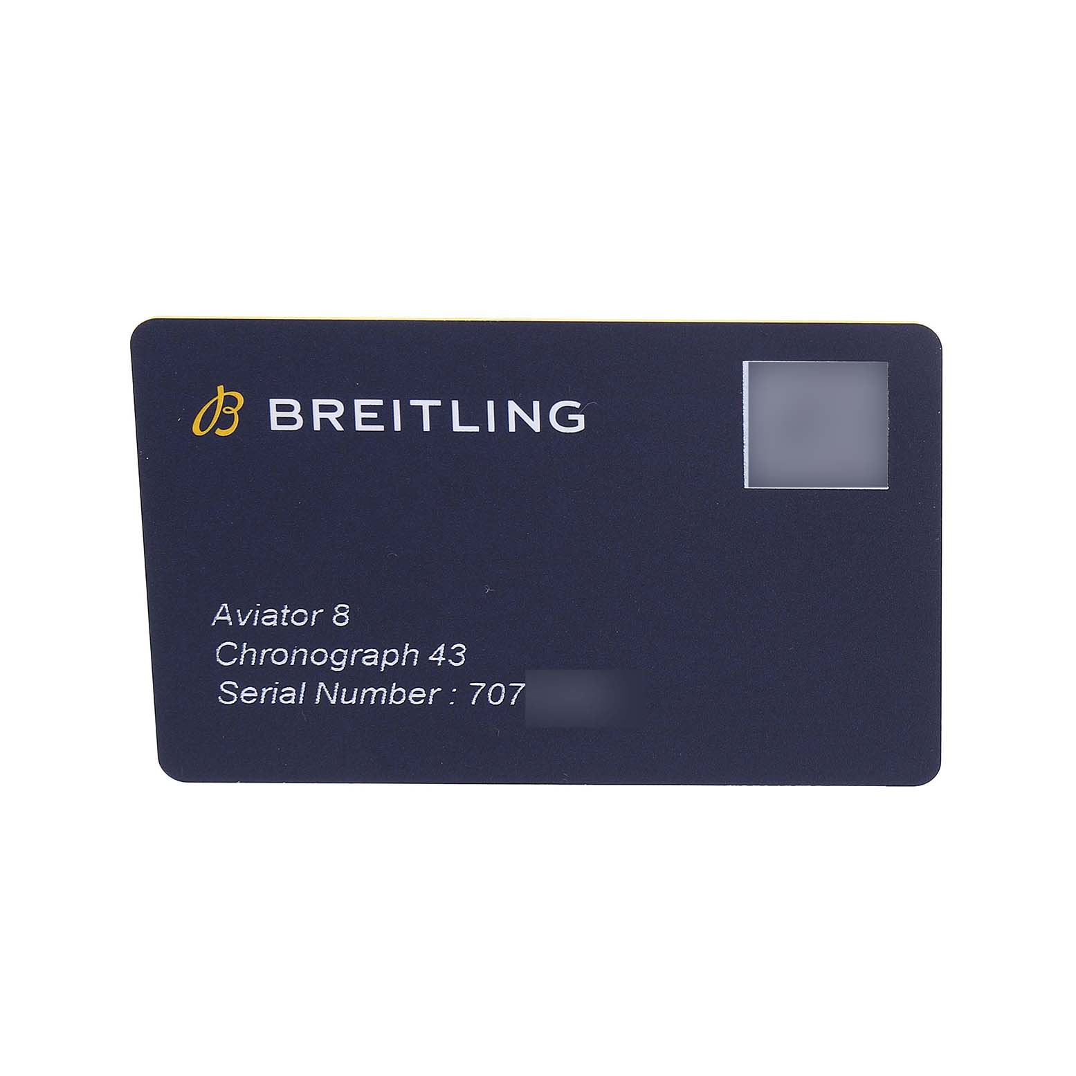 The image shows a Breitling Aviator A13316 Men's Stainless Steel Black Dial 8 Chronograph 43 watch identification card, displaying the model, type, and partial serial number.