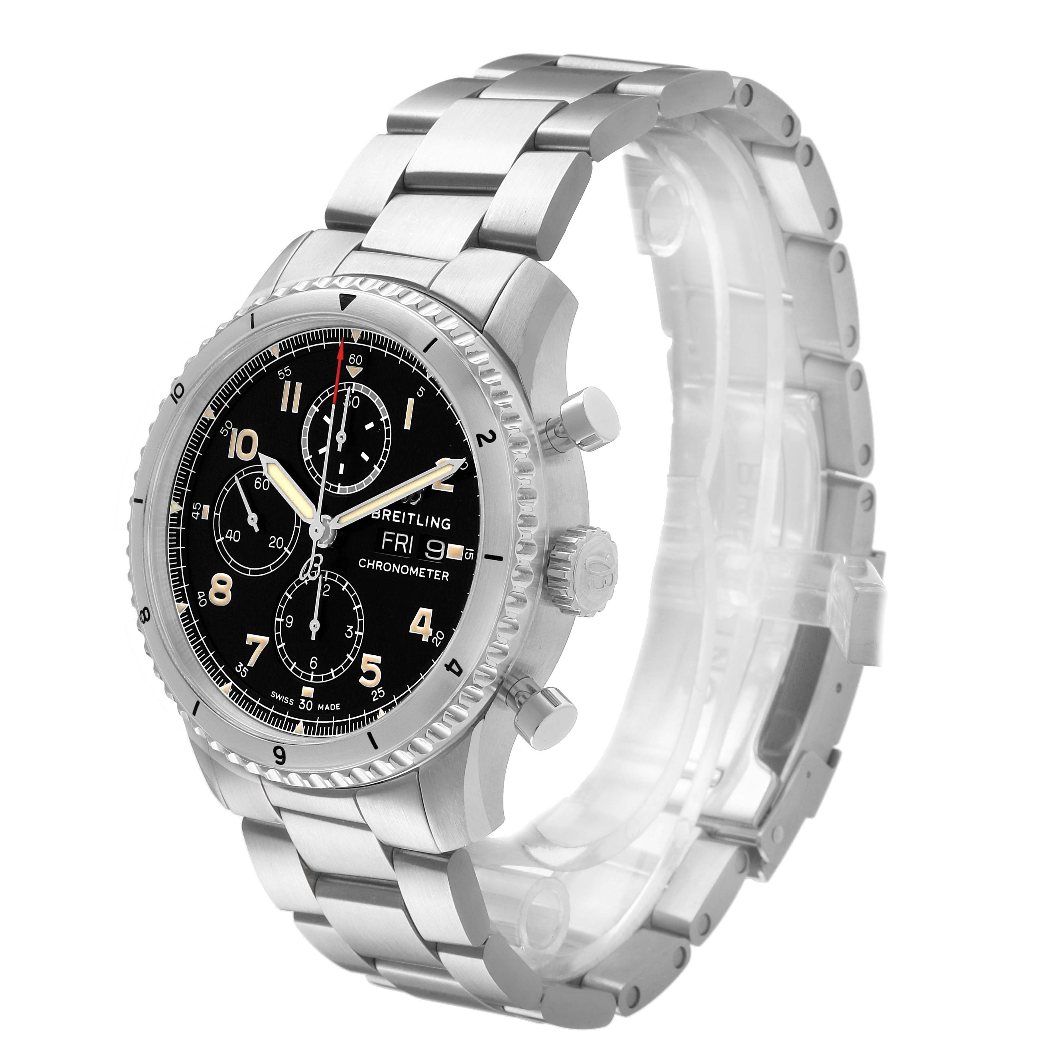 The image shows a side angle of the Breitling Aviator A13316101B1A1 Men's Stainless Steel Black Dial watch with its face, bezel, crown, chronograph buttons, and bracelet visible.