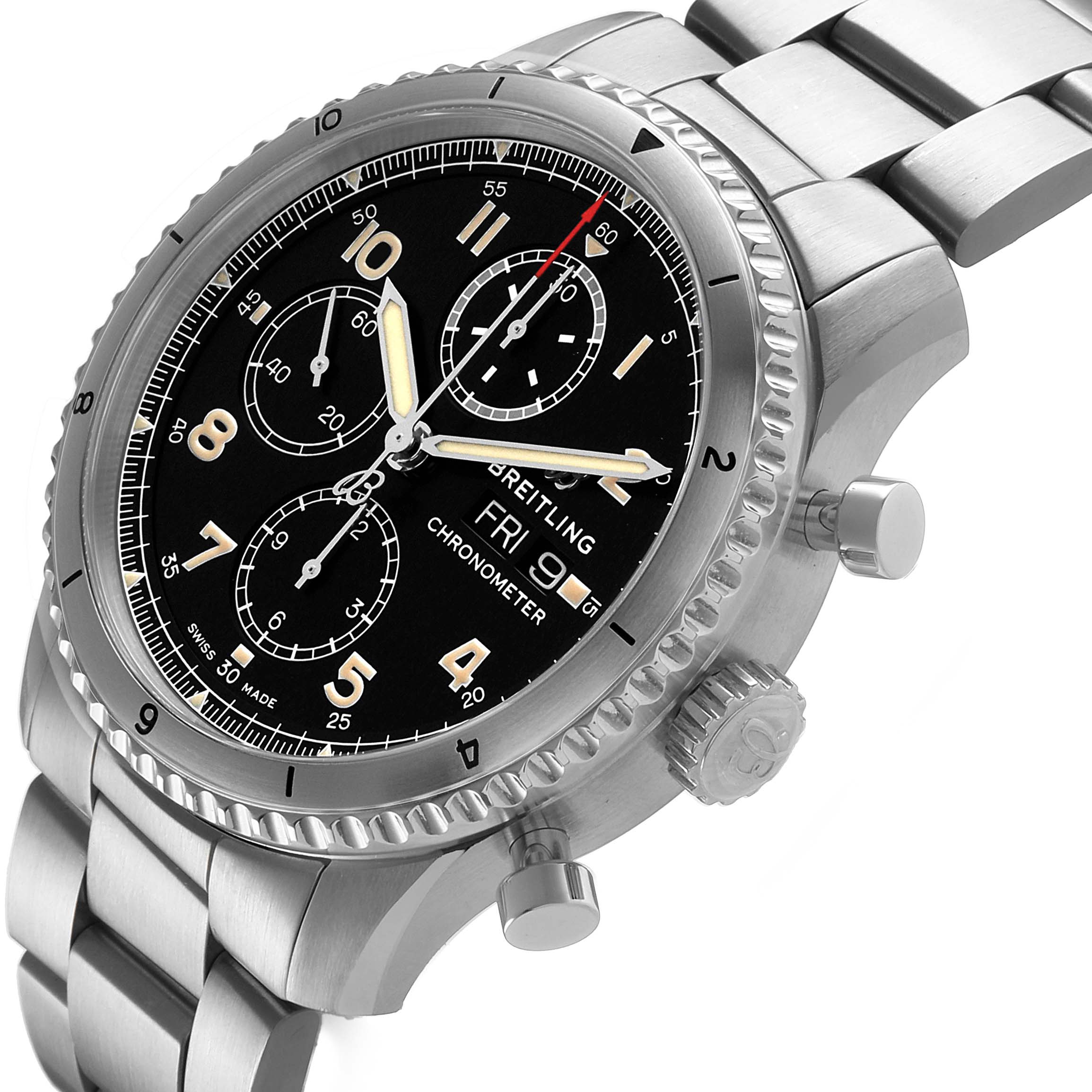 The Breitling Aviator A13316 Men's Stainless Steel Black Dial watch is shown at a slight angle, highlighting its face, bezel, pushers, and metal bracelet.