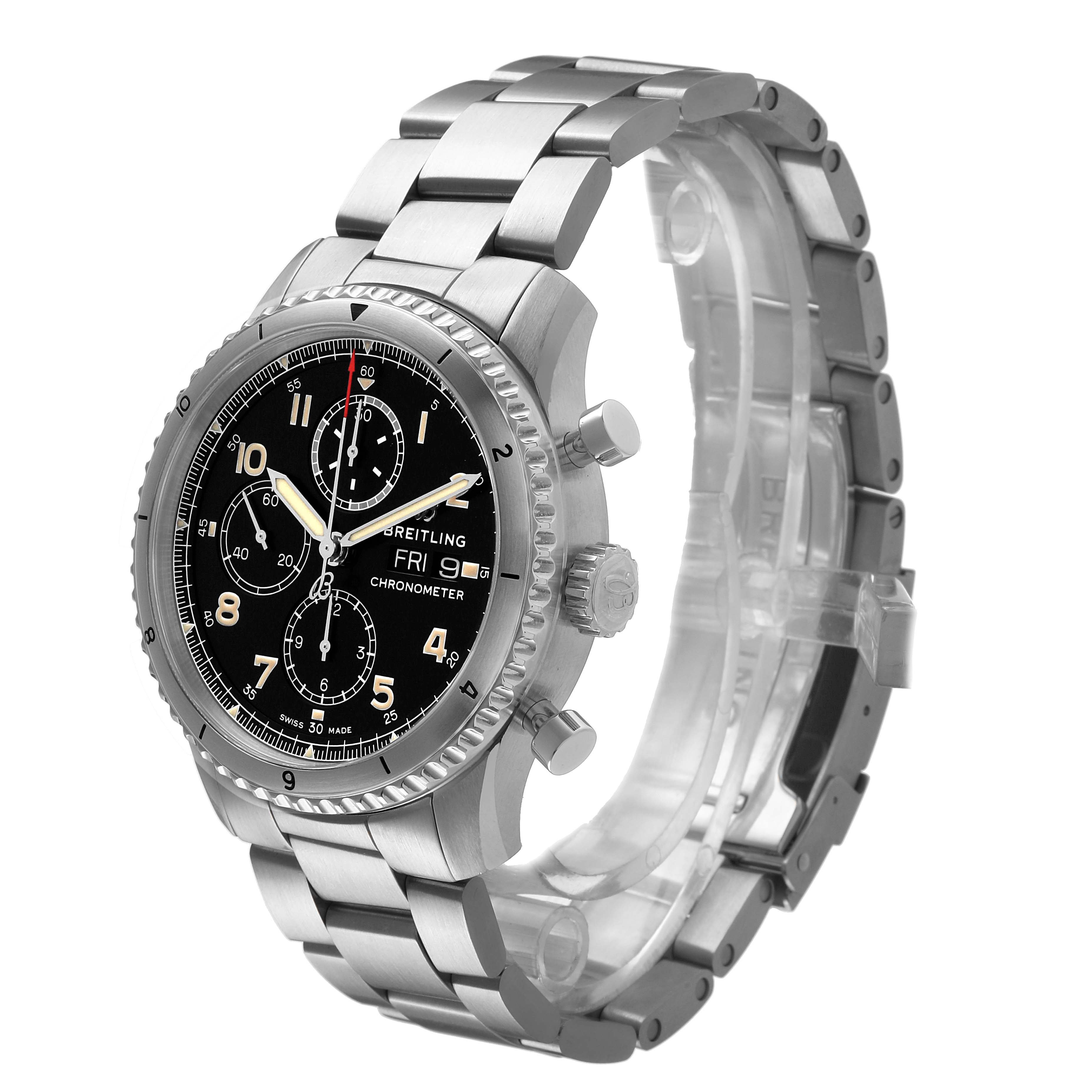 The Breitling Aviator A13316 Men's Stainless Steel Black Dial watch is shown at a front-side angle, highlighting its dial, crown, and stainless steel bracelet.
