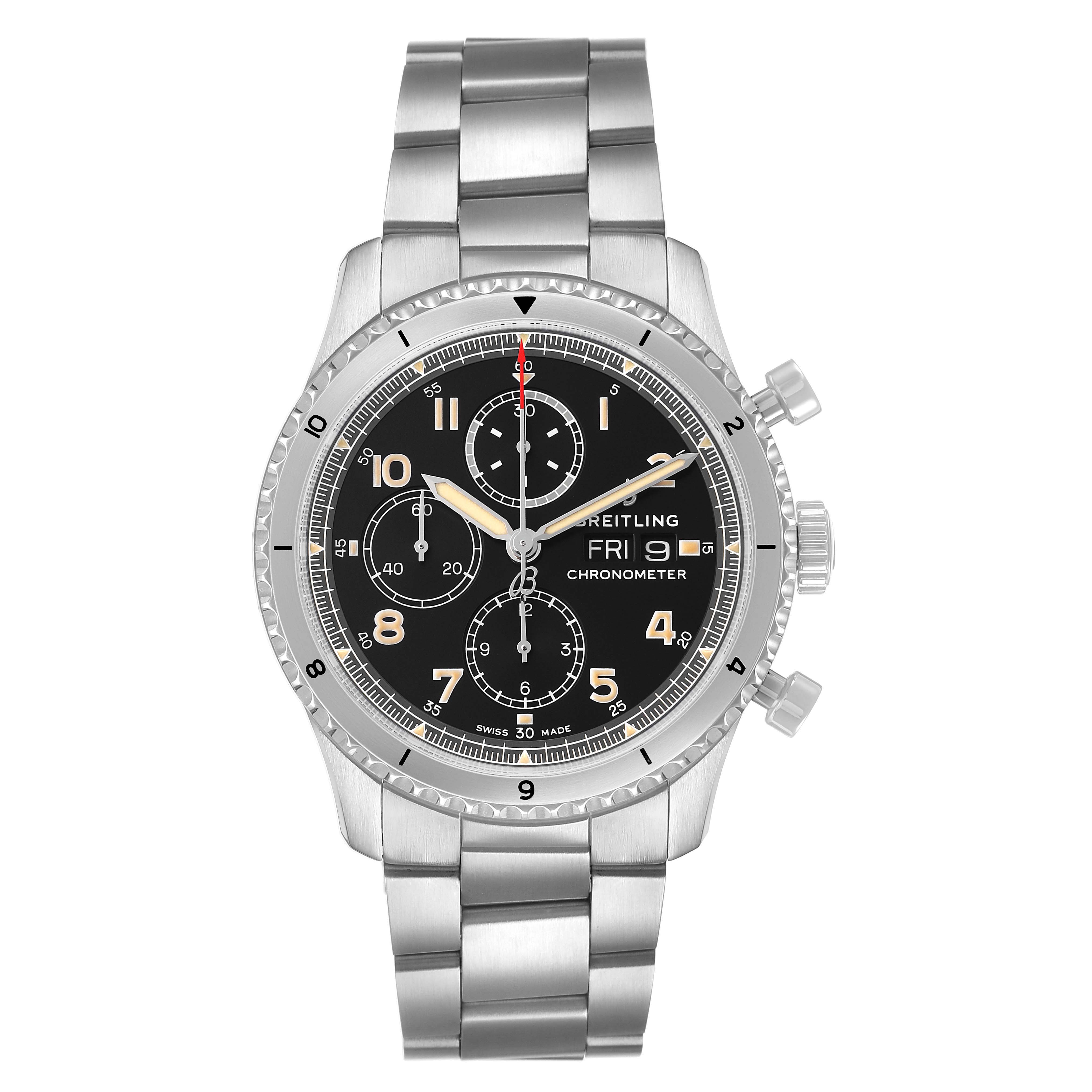 The Breitling Aviator A13316101B1A1 Men's Stainless Steel Black Dial watch is shown from a top-down angle, highlighting its dial, bezel, and stainless steel bracelet.