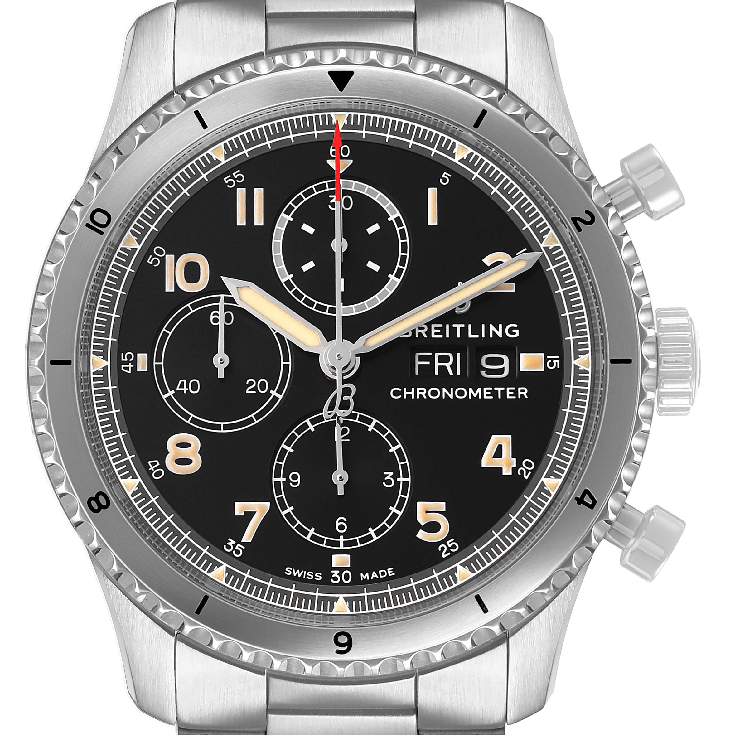 The Breitling Aviator A13316 Men's Stainless Steel Black Dial watch is shown front-facing, featuring the dial, bezel, crown, and chronograph pushers.