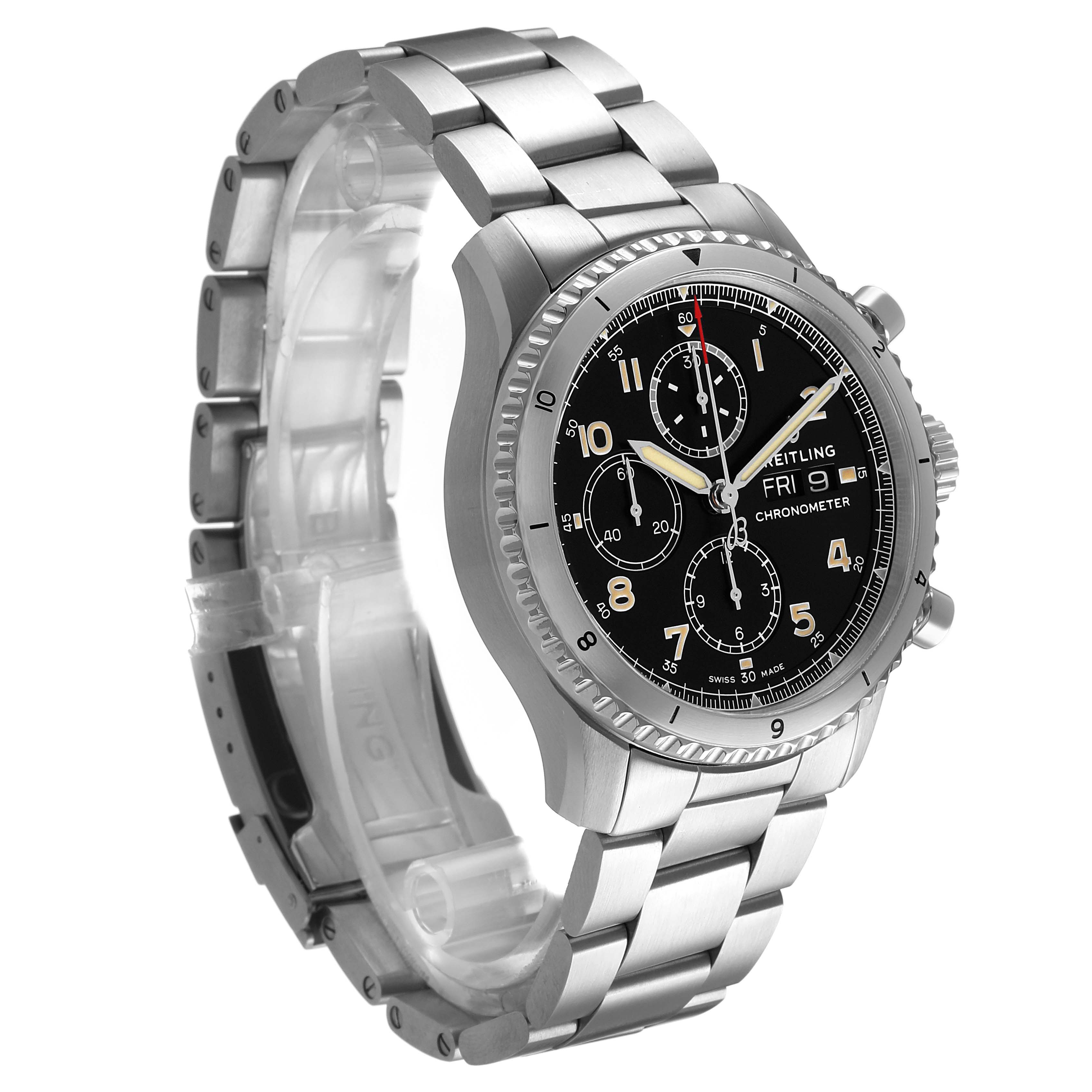 The Breitling Aviator A13316 Men's Stainless Steel Black Dial watch is shown from a front-left angle, highlighting its stainless steel bracelet, bezel, and chronograph dial.