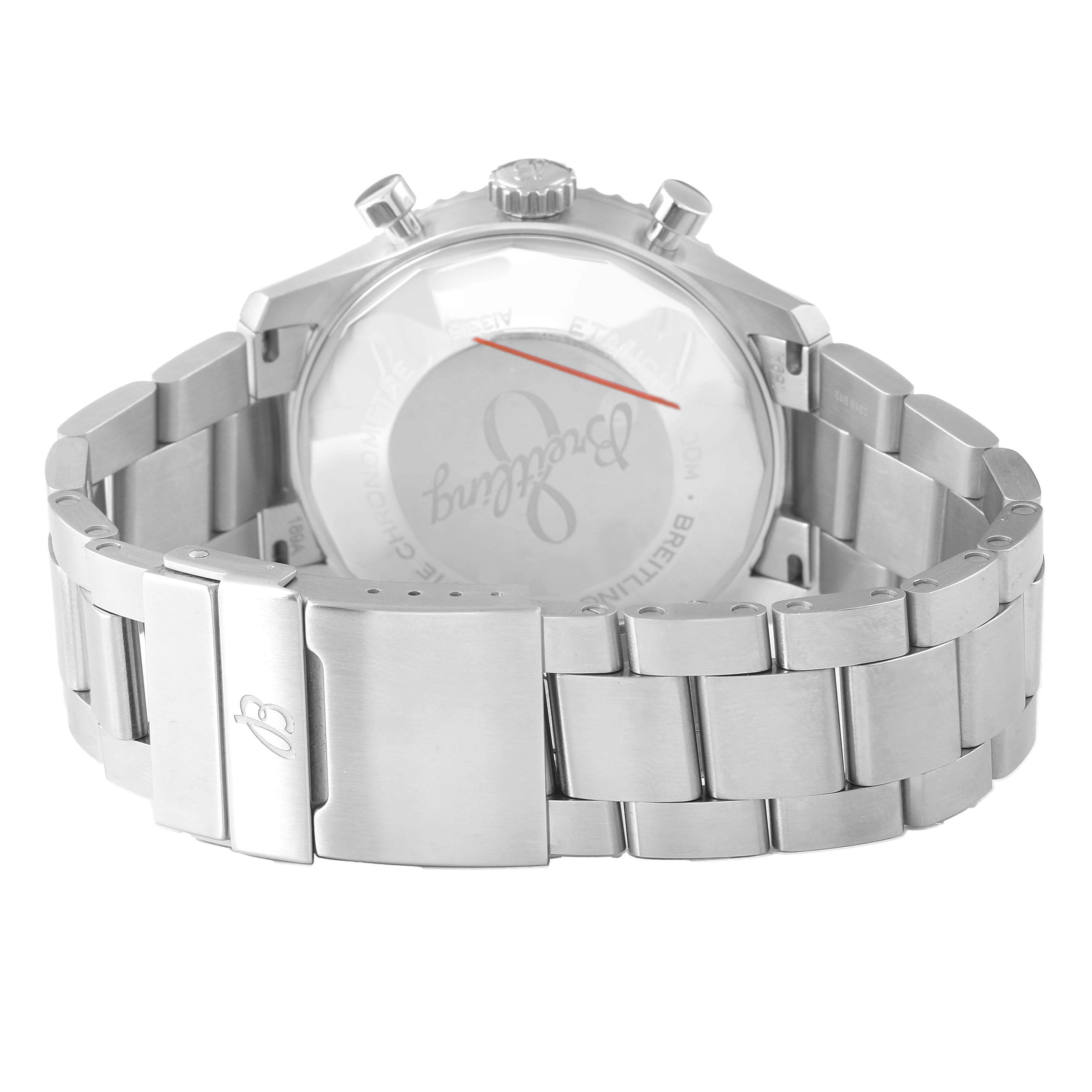 The image shows the back view of the Breitling Aviator A13316 Men's Stainless Steel Black Dial watch, highlighting the bracelet and clasp.