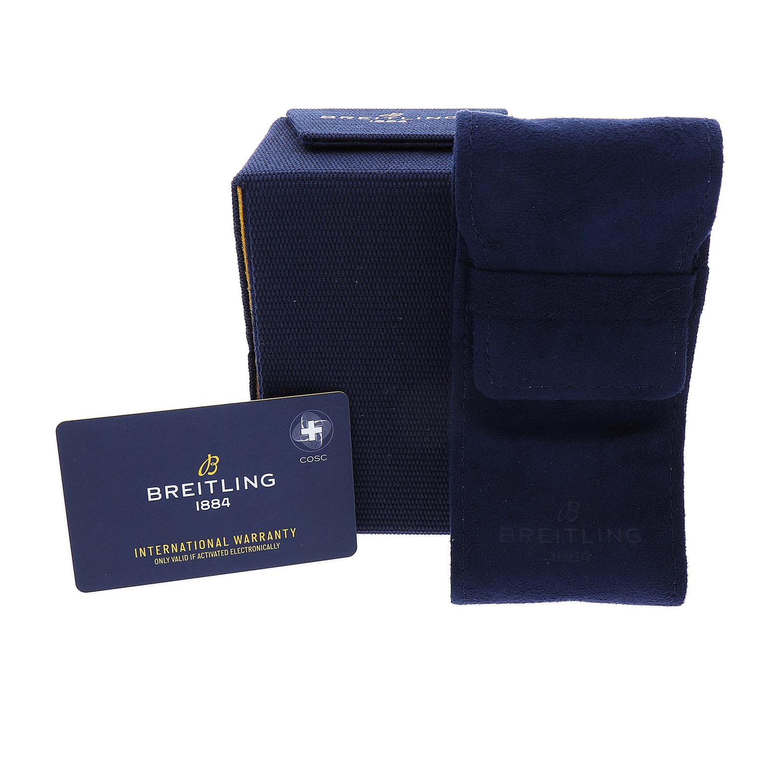 The image shows a Breitling Aviator A13316 Men's Stainless Steel Black Dial watch box, a warranty card, and a blue suede pouch, viewed from the front.