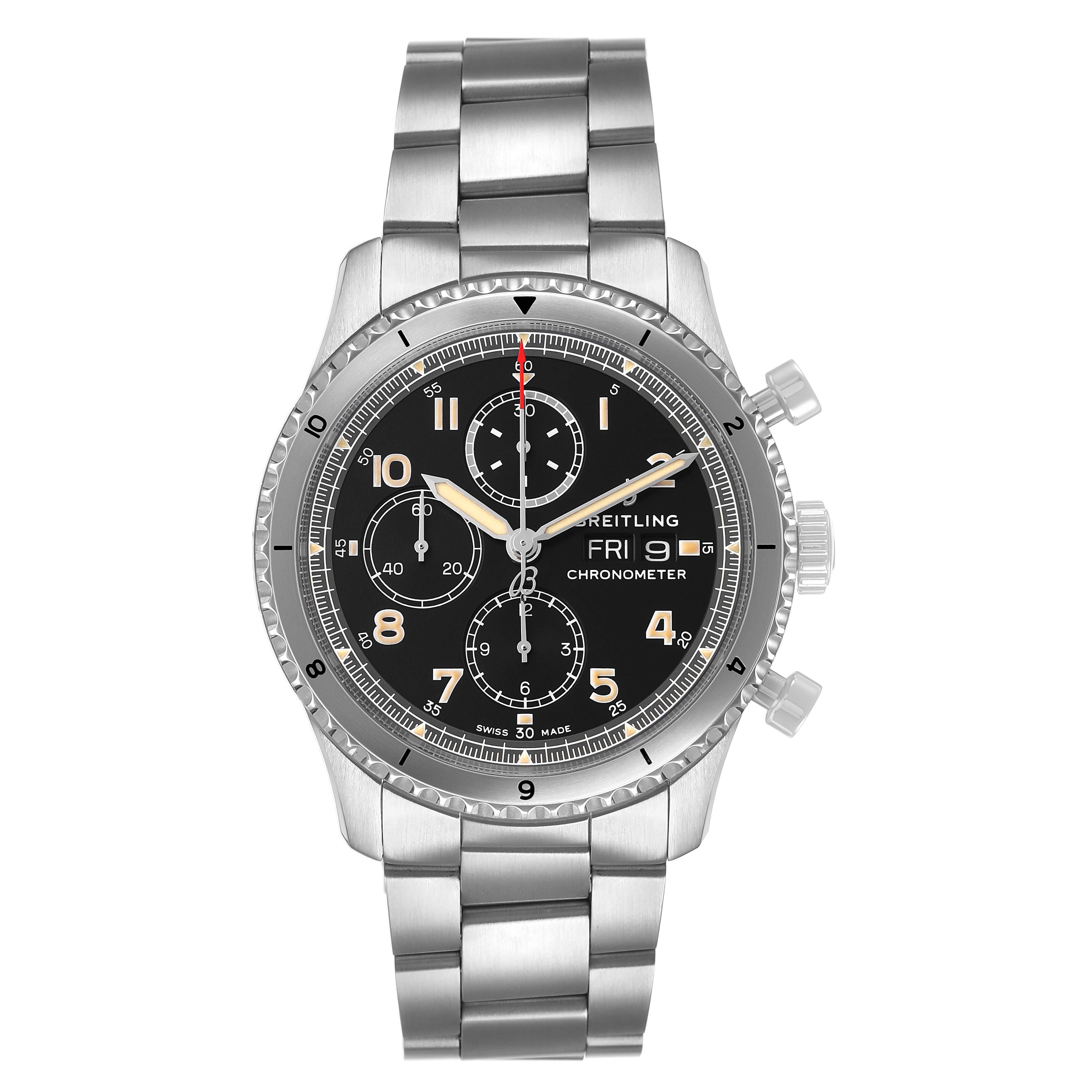 The Breitling Aviator A13316 Men's Stainless Steel Black Dial watch is shown from a frontal angle, displaying the dial, bezel, and metal bracelet in detail.
